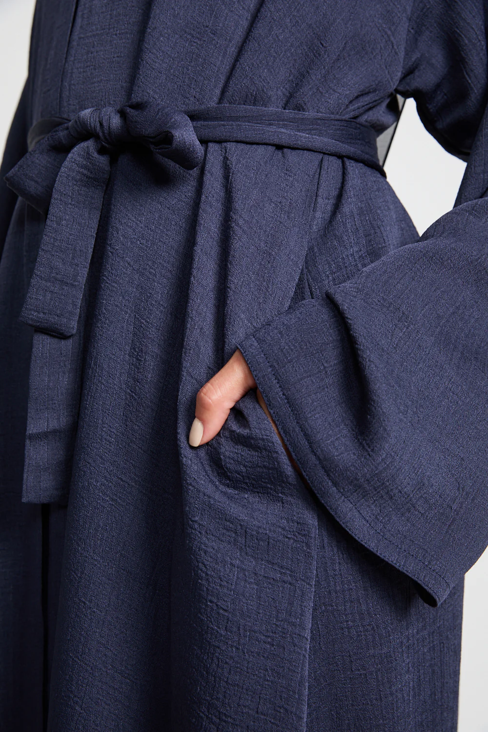 Premium Textured Linen Blend Open Abaya with Pockets - Navy - Image 9