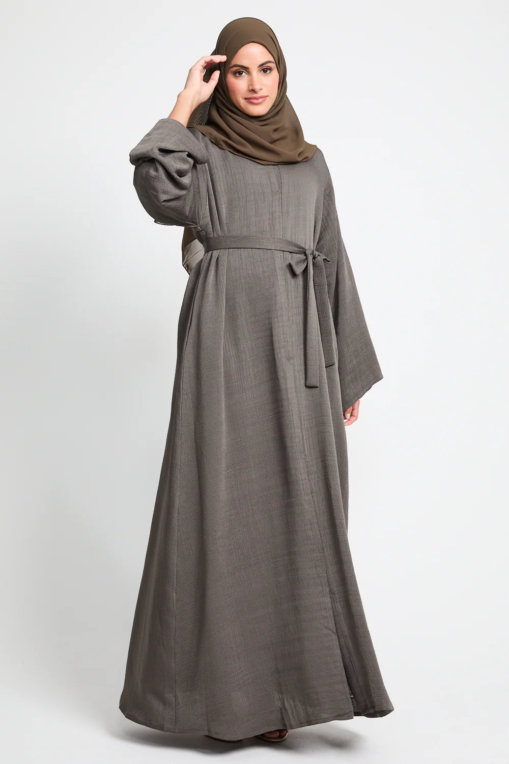Premium Textured Linen Blend Open Abaya with Pockets - Olive Brown - Image 10