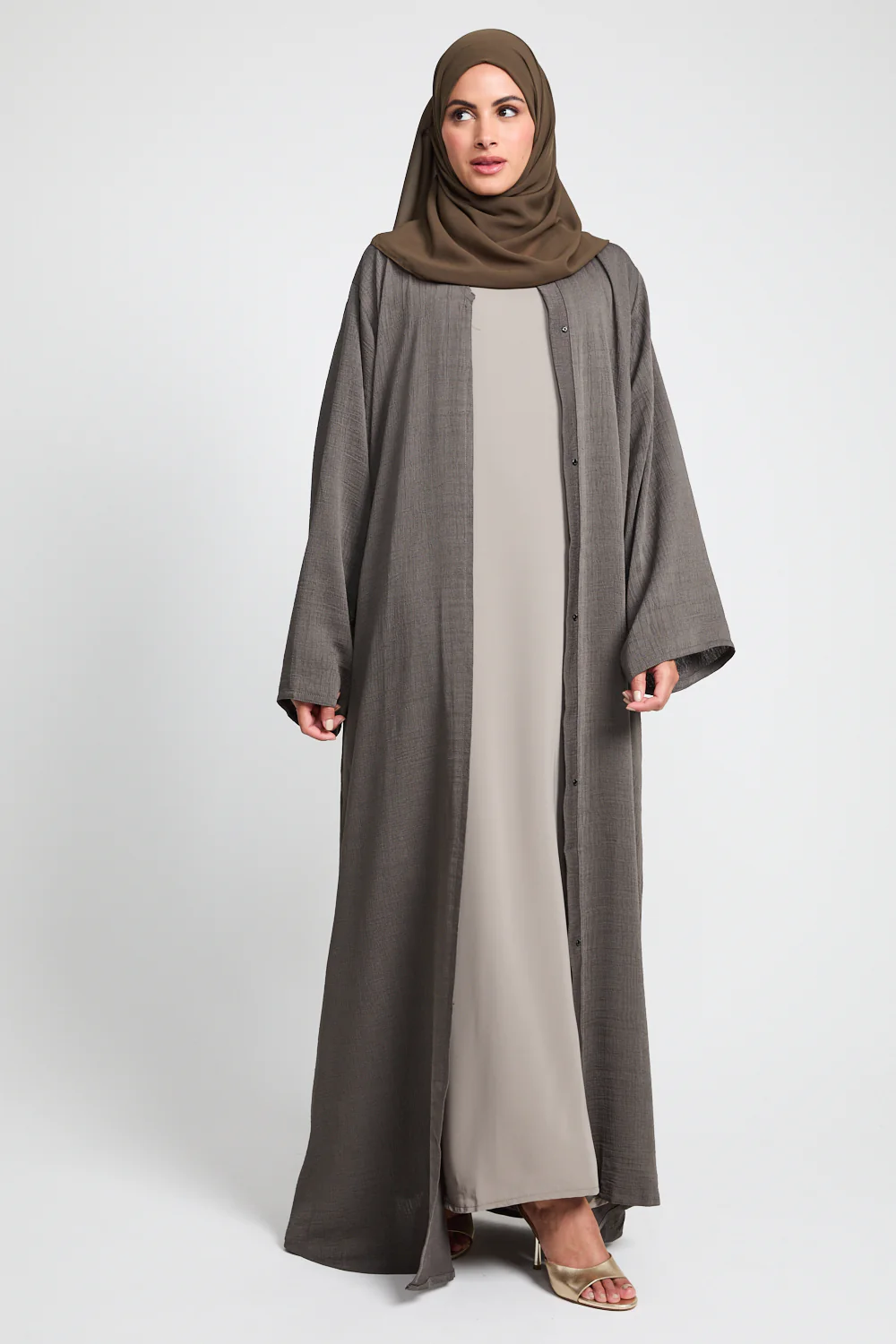 Premium Textured Linen Blend Open Abaya with Pockets - Olive Brown - Image 3