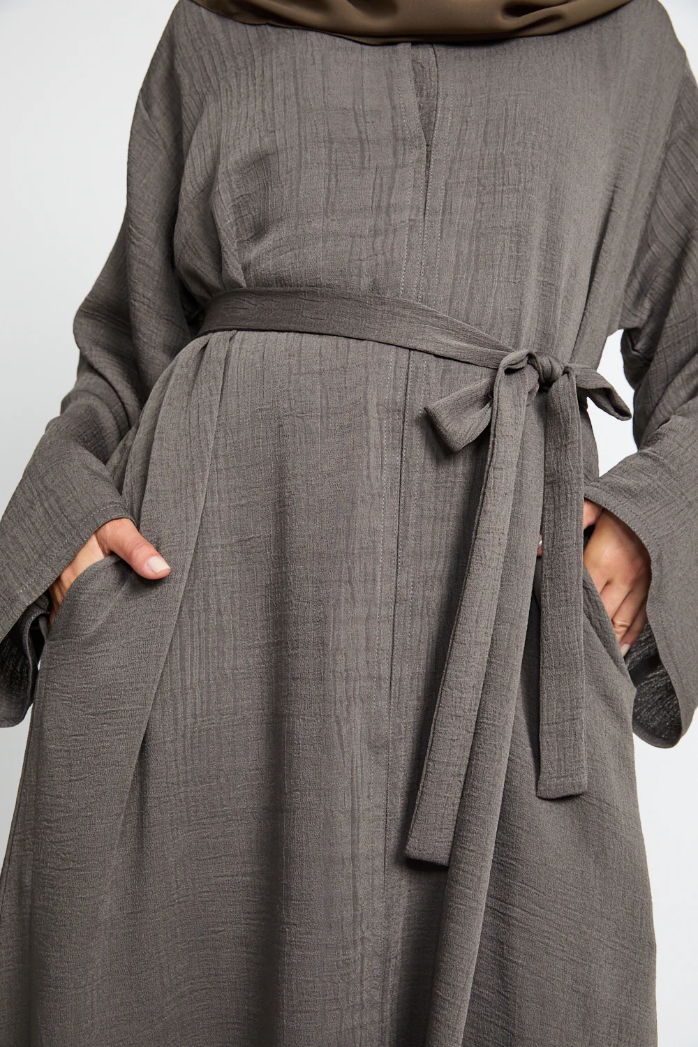 Premium Textured Linen Blend Open Abaya with Pockets - Olive Brown - Image 4