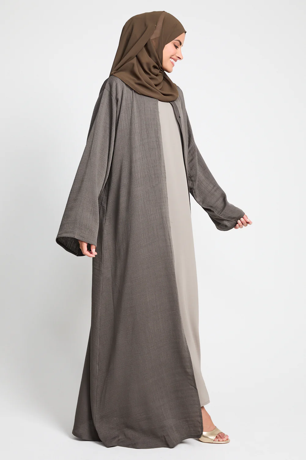 Premium Textured Linen Blend Open Abaya with Pockets - Olive Brown - Image 5