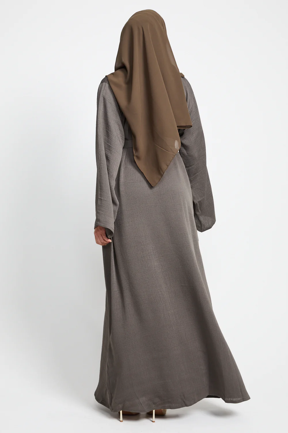 Premium Textured Linen Blend Open Abaya with Pockets - Olive Brown - Image 6