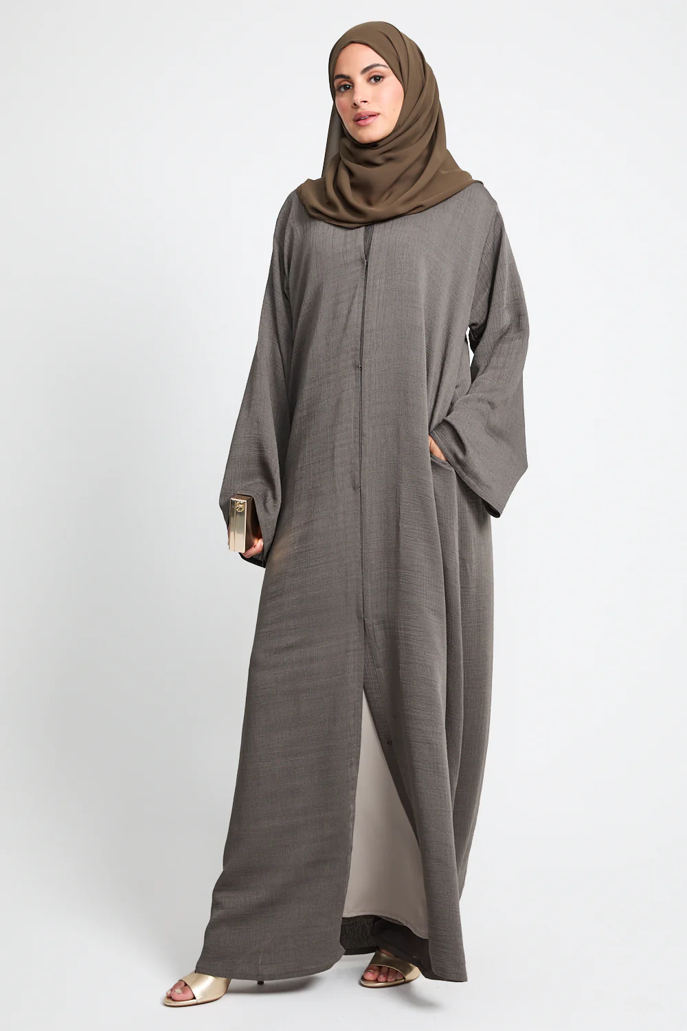 Premium Textured Linen Blend Open Abaya with Pockets - Olive Brown - Image 7