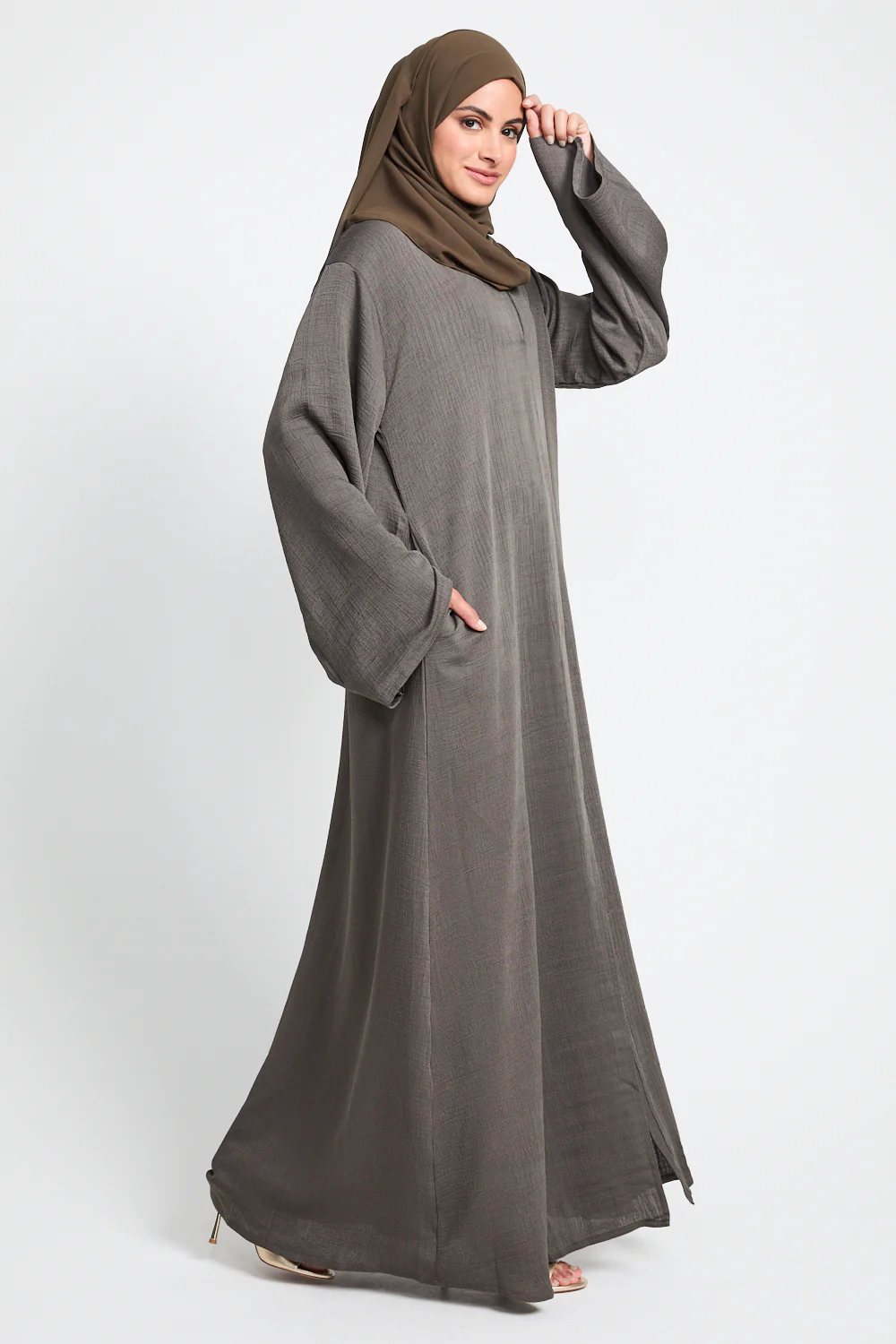 Premium Textured Linen Blend Open Abaya with Pockets - Olive Brown - Image 8
