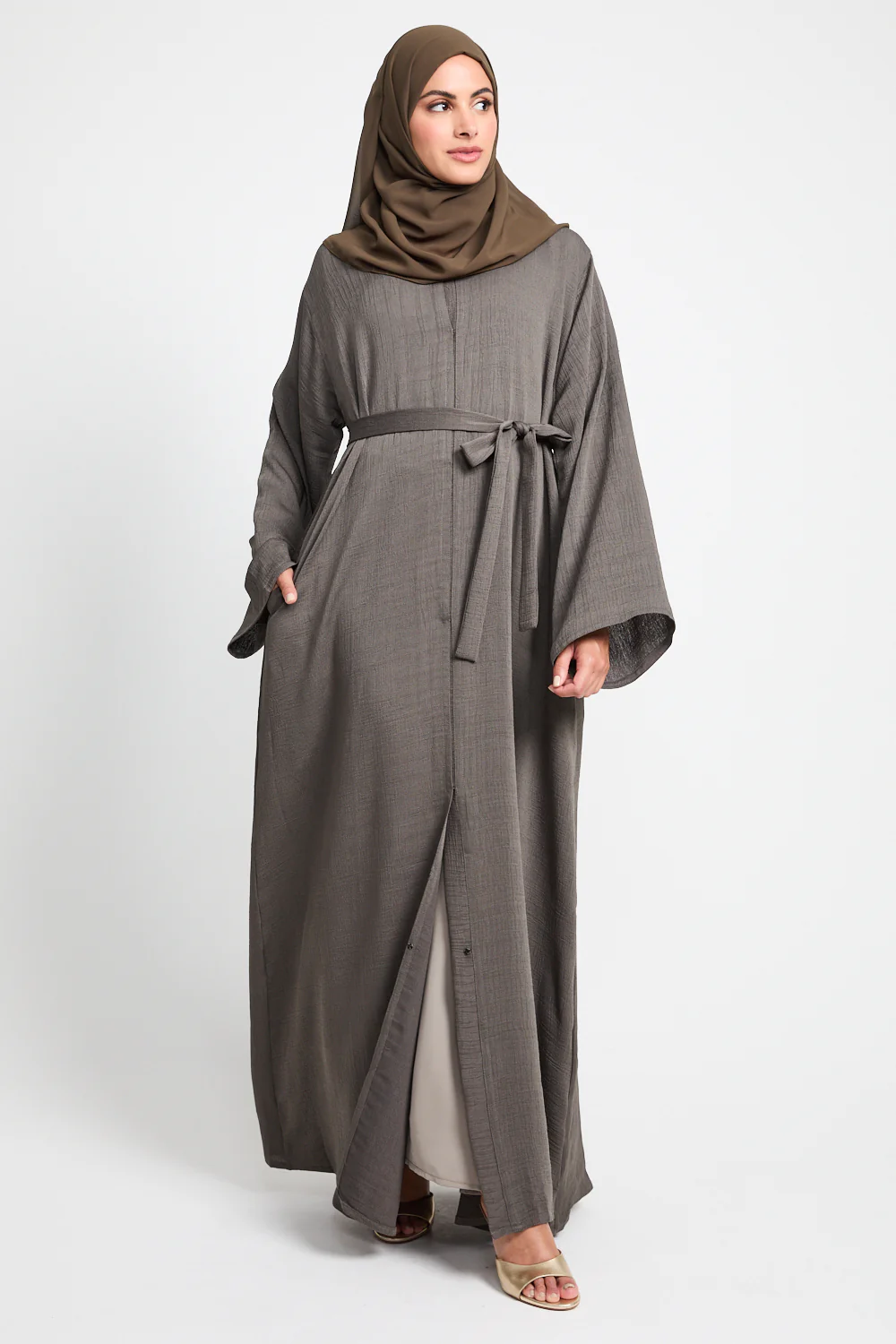 Premium Textured Linen Blend Open Abaya with Pockets - Olive Brown - Image 9