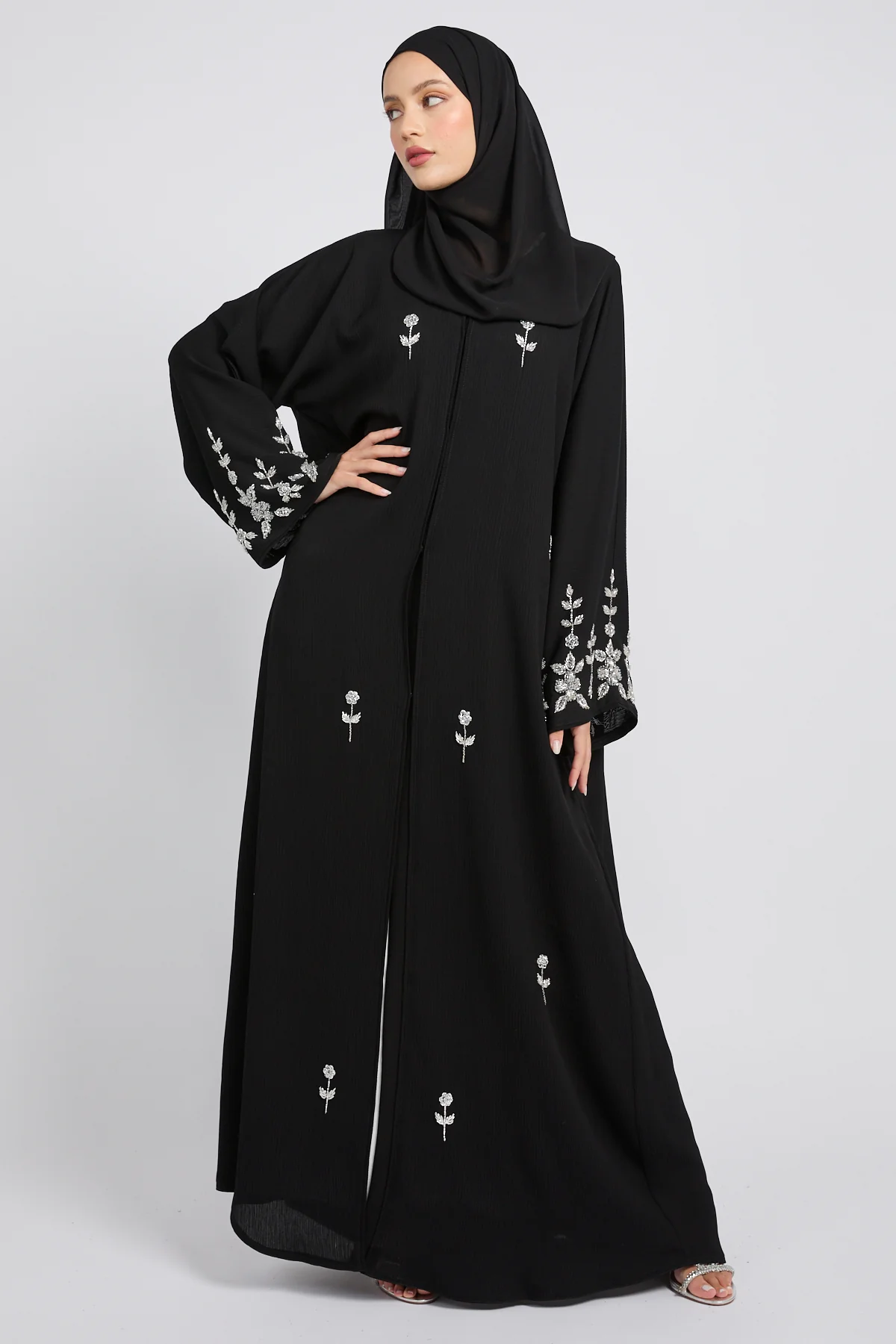 Premium Textured Moonlit Bloom Embellished Open Abaya – Black - Image 3