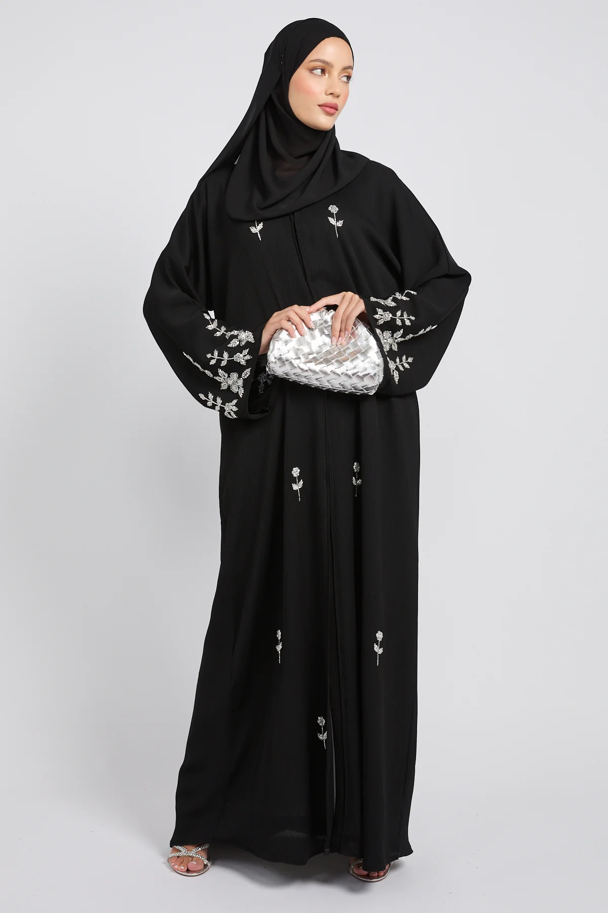 Premium Textured Moonlit Bloom Embellished Open Abaya – Black - Image 6