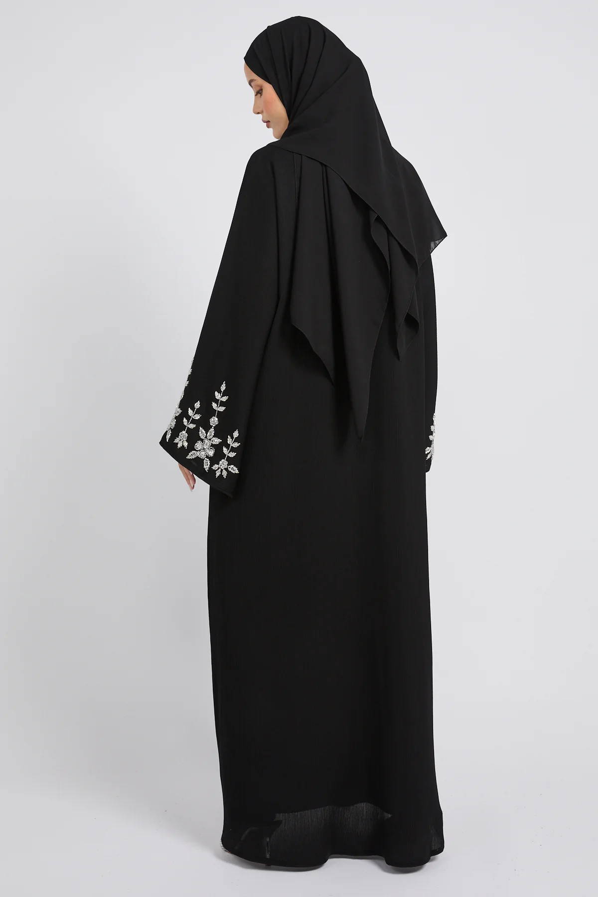 Premium Textured Moonlit Bloom Embellished Open Abaya – Black - Image 8