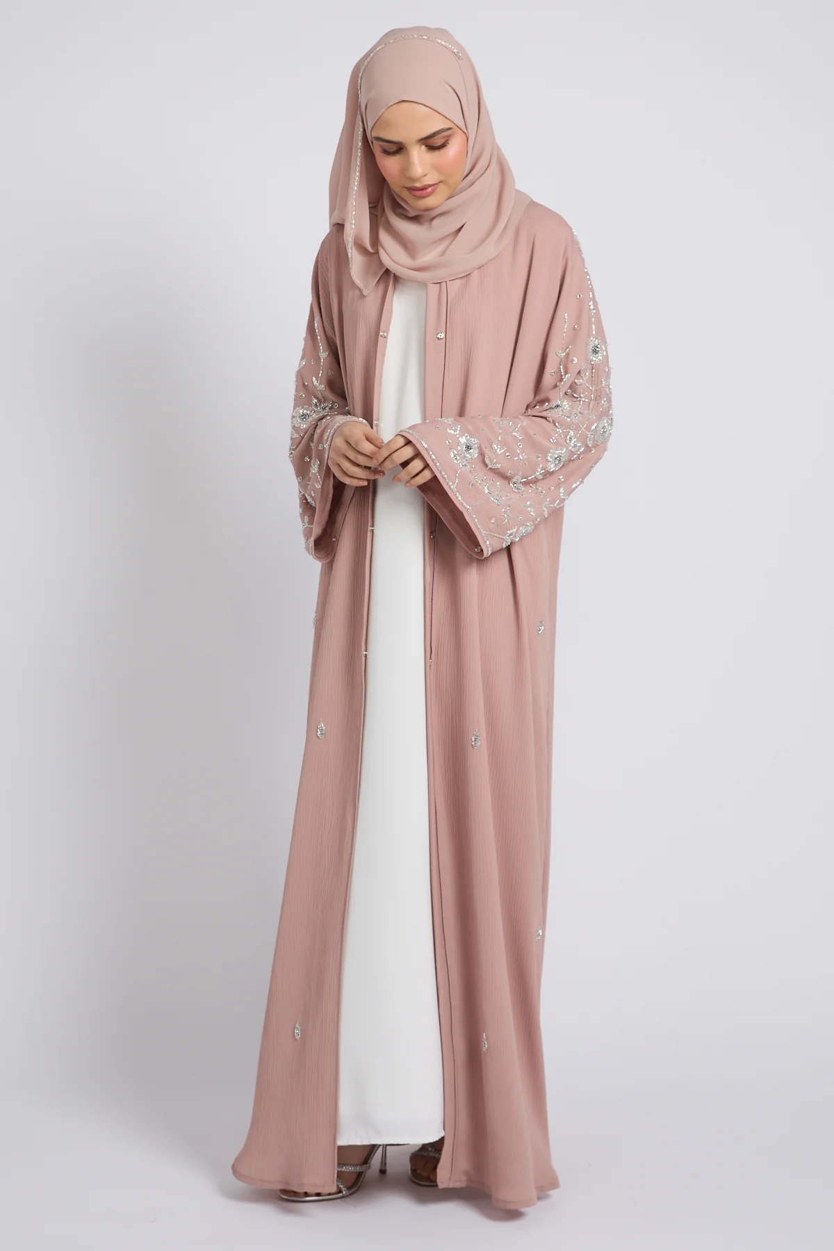 Premium Textured Petal Blossom Embellished Open Abaya - Blush Nude