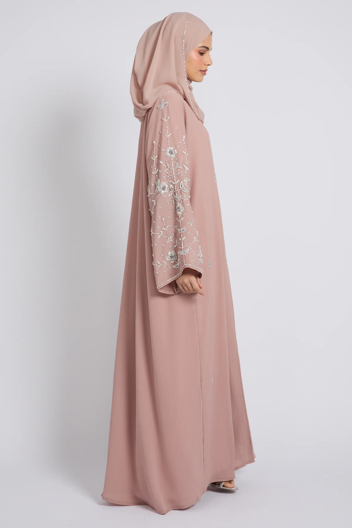 Premium Textured Petal Blossom Embellished Open Abaya - Blush Nude - Image 3