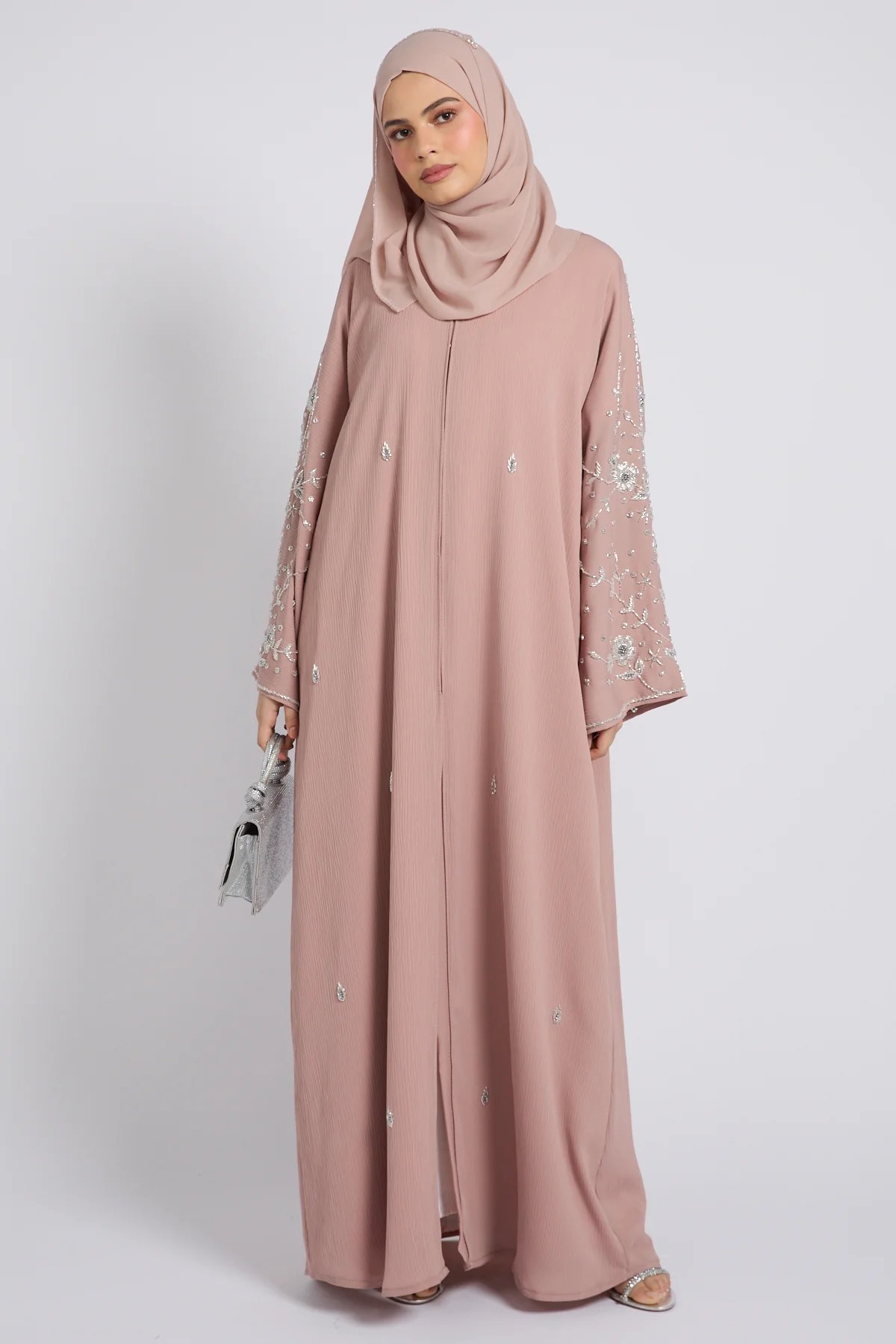 Premium Textured Petal Blossom Embellished Open Abaya - Blush Nude - Image 4