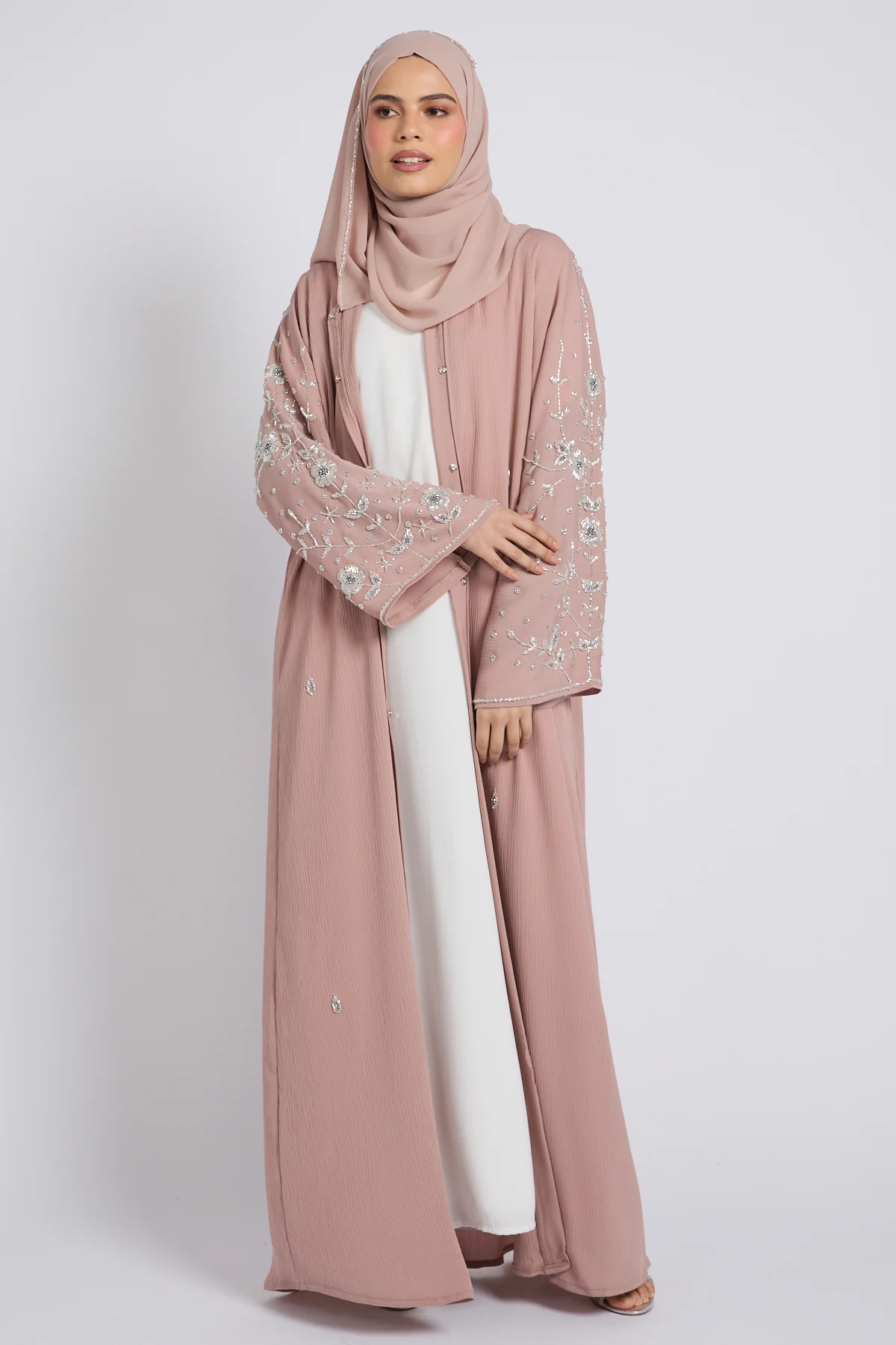Premium Textured Petal Blossom Embellished Open Abaya - Blush Nude - Image 5