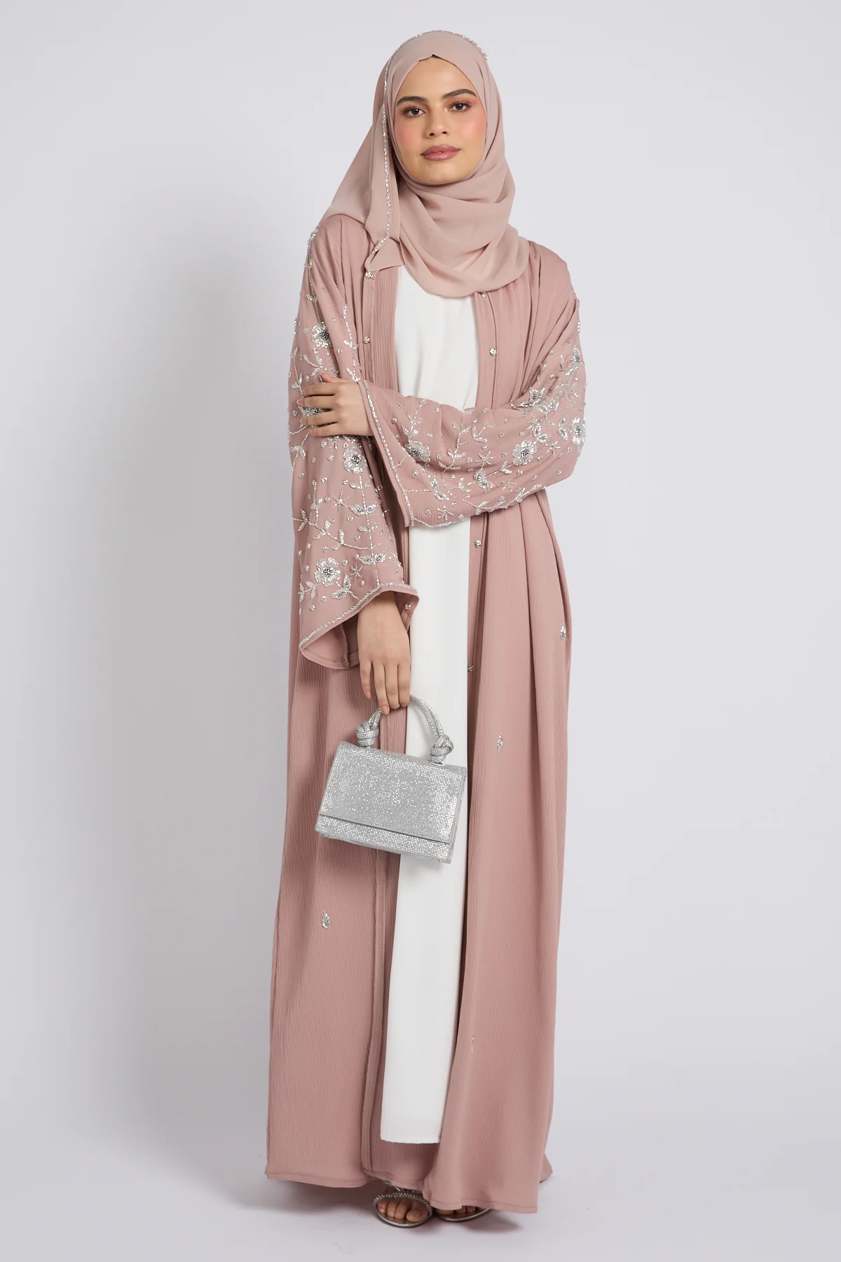 Premium Textured Petal Blossom Embellished Open Abaya - Blush Nude - Image 6