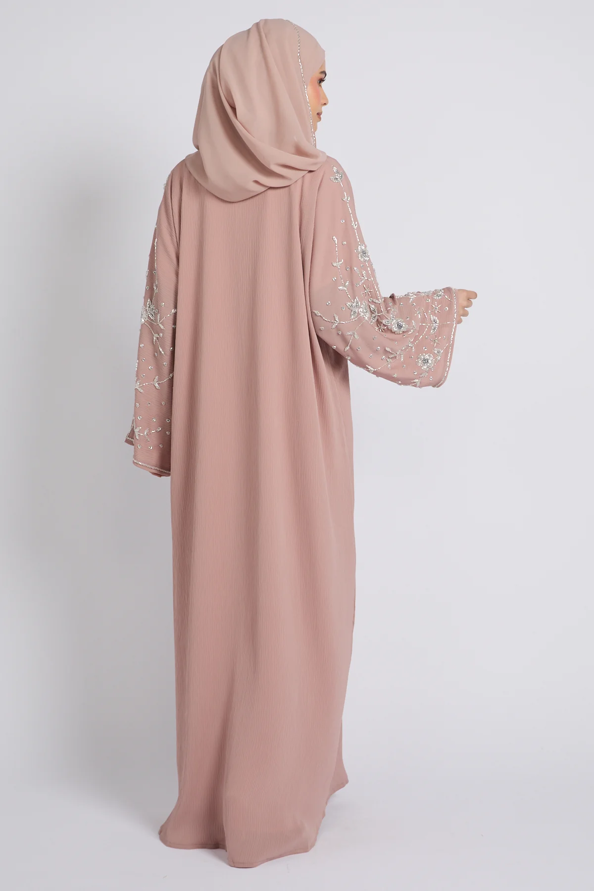Premium Textured Petal Blossom Embellished Open Abaya - Blush Nude - Image 7