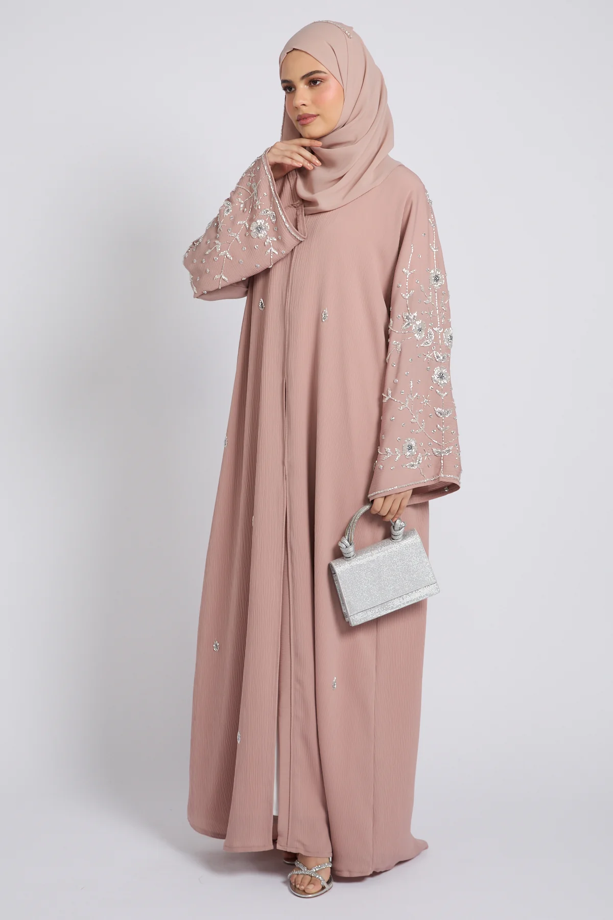 Premium Textured Petal Blossom Embellished Open Abaya - Blush Nude - Image 8