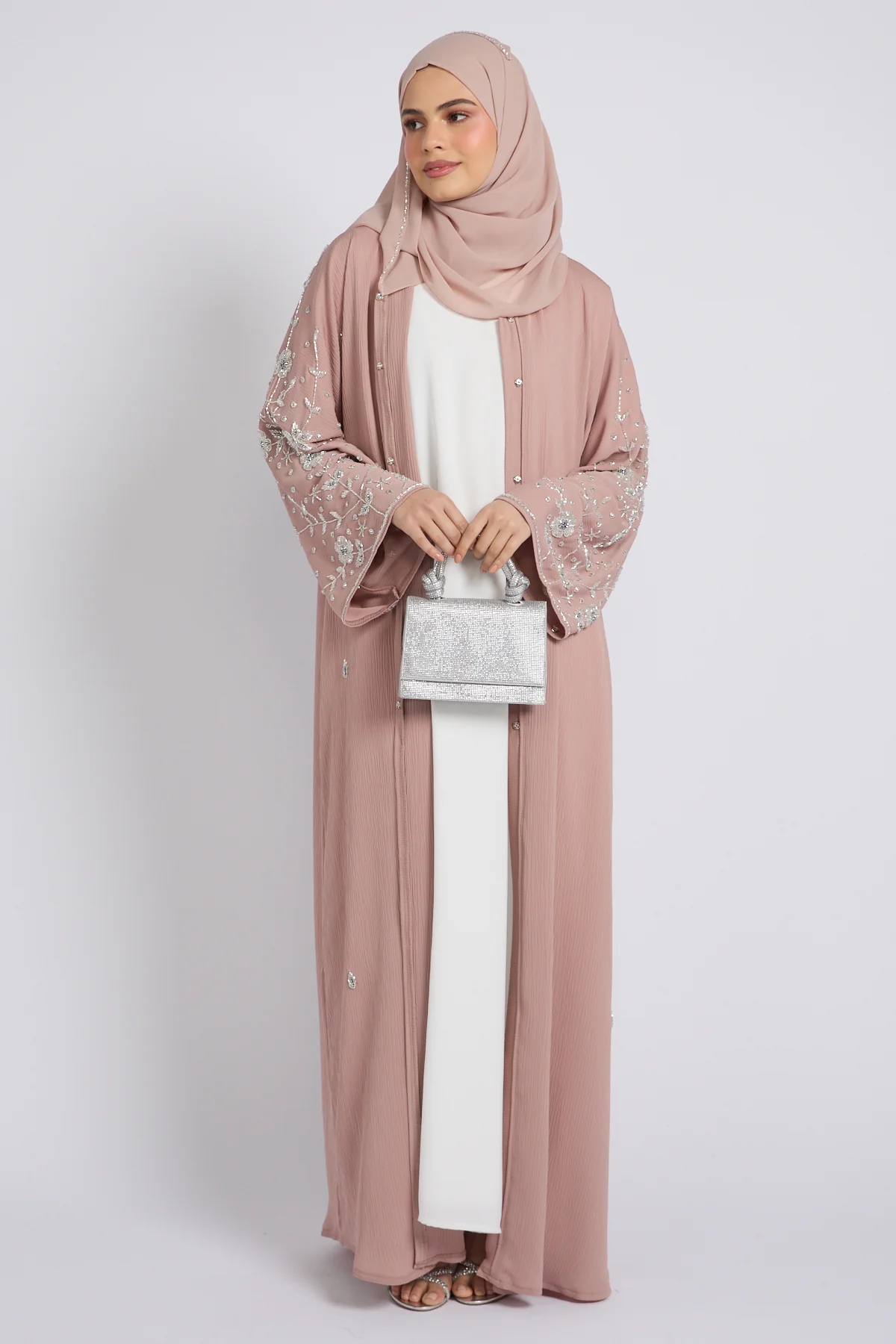 Premium Textured Petal Blossom Embellished Open Abaya - Blush Nude - Image 9