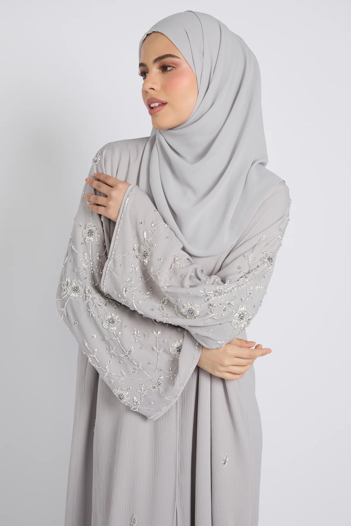 Premium Textured Petal Blossom Embellished Open Abaya - Dove Grey - Image 2