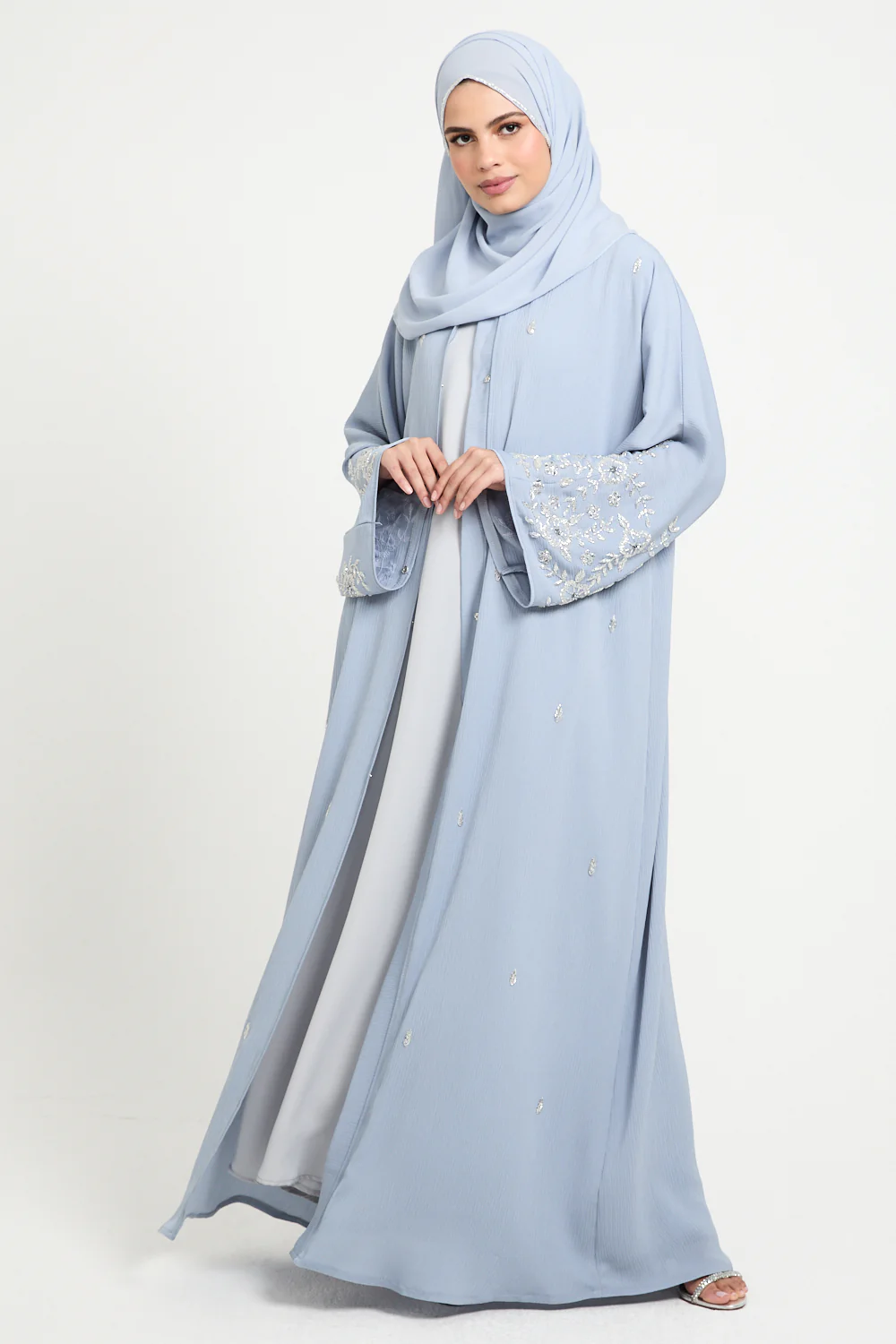 Premium Textured Petal Blossom Embellished Open Abaya - Dusky Powder Blue