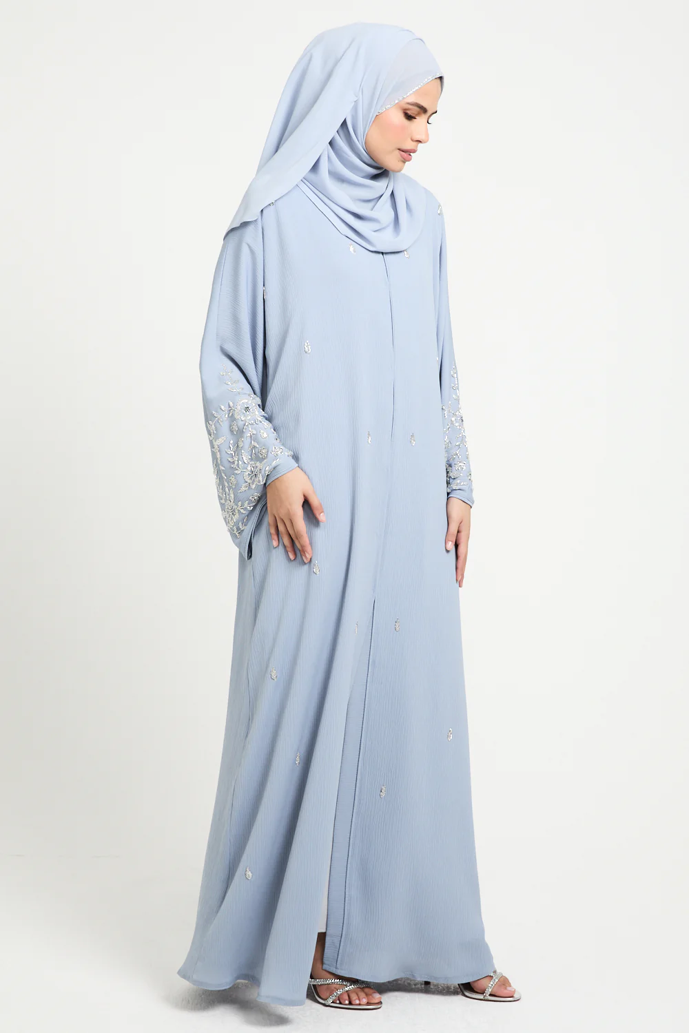 Premium Textured Petal Blossom Embellished Open Abaya - Dusky Powder Blue - Image 10