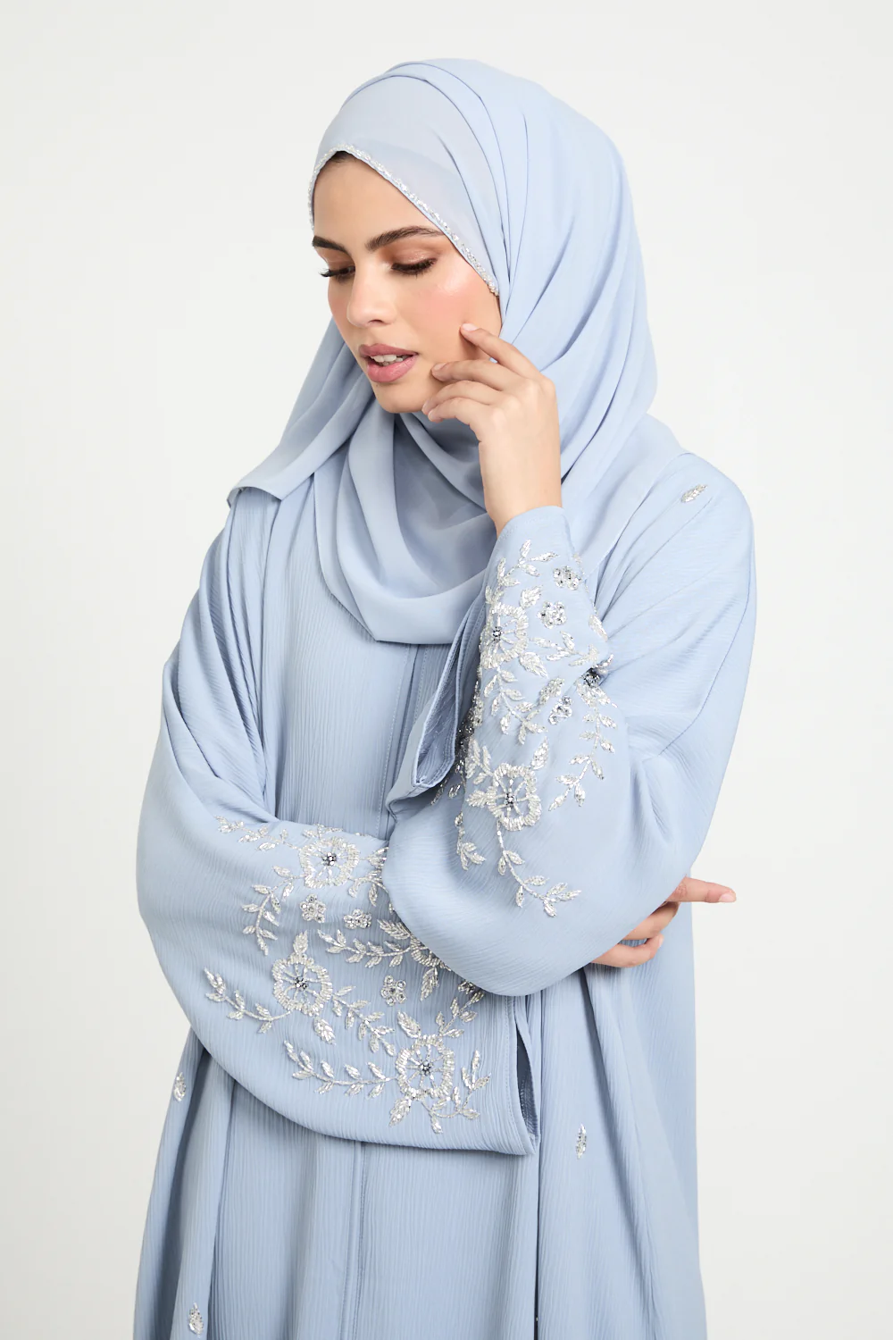 Premium Textured Petal Blossom Embellished Open Abaya - Dusky Powder Blue - Image 2