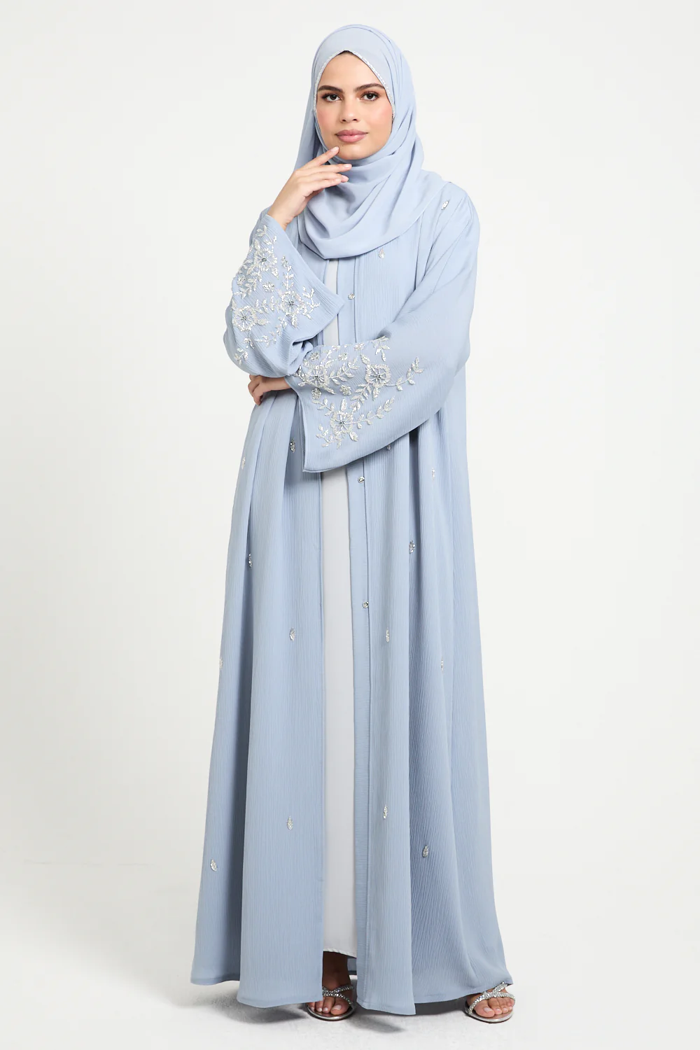 Premium Textured Petal Blossom Embellished Open Abaya - Dusky Powder Blue - Image 3