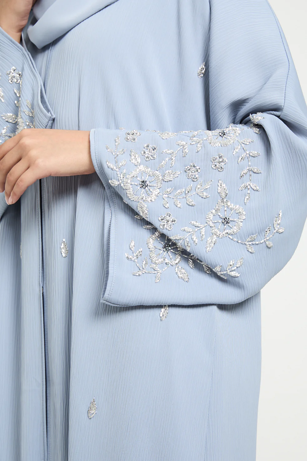 Premium Textured Petal Blossom Embellished Open Abaya - Dusky Powder Blue - Image 4