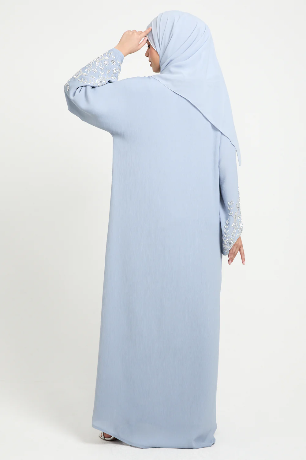 Premium Textured Petal Blossom Embellished Open Abaya - Dusky Powder Blue - Image 5