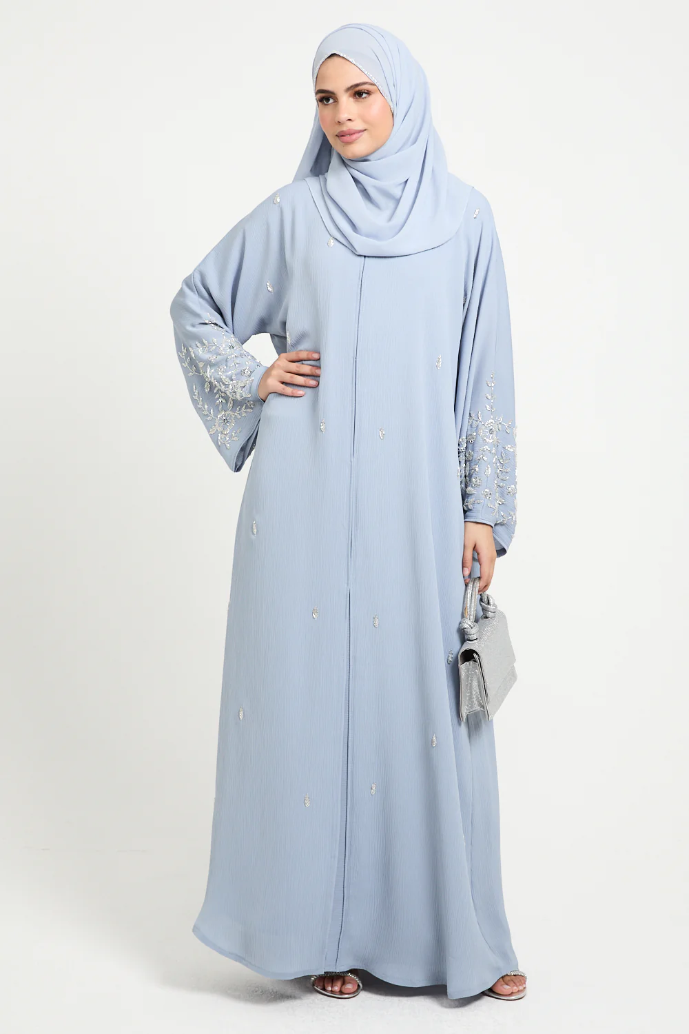 Premium Textured Petal Blossom Embellished Open Abaya - Dusky Powder Blue - Image 6