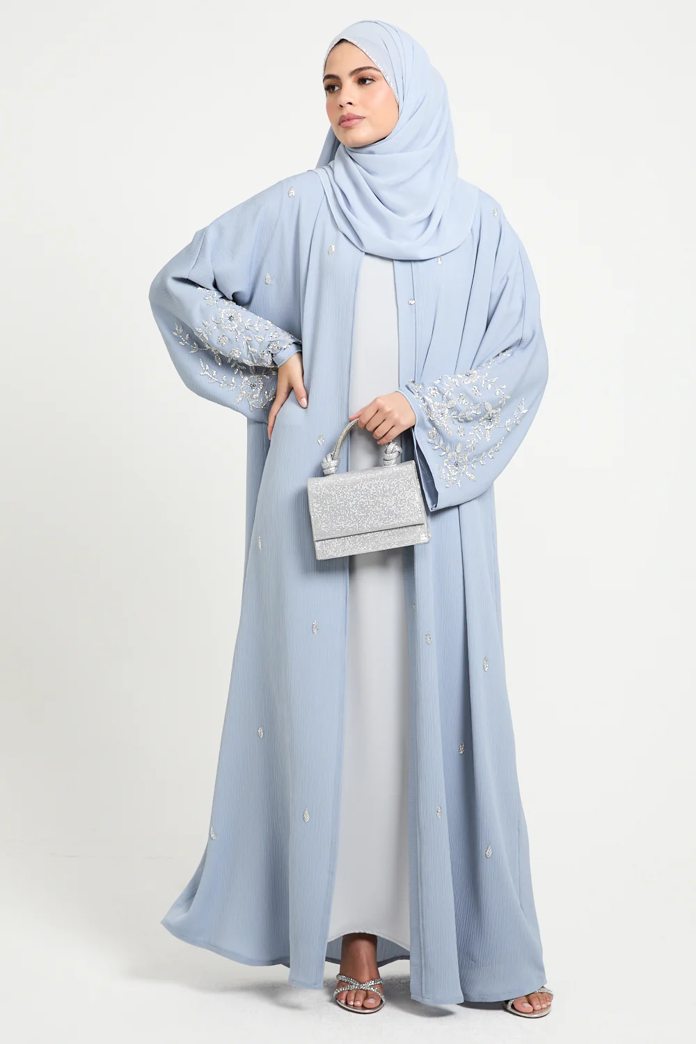Premium Textured Petal Blossom Embellished Open Abaya - Dusky Powder Blue - Image 7