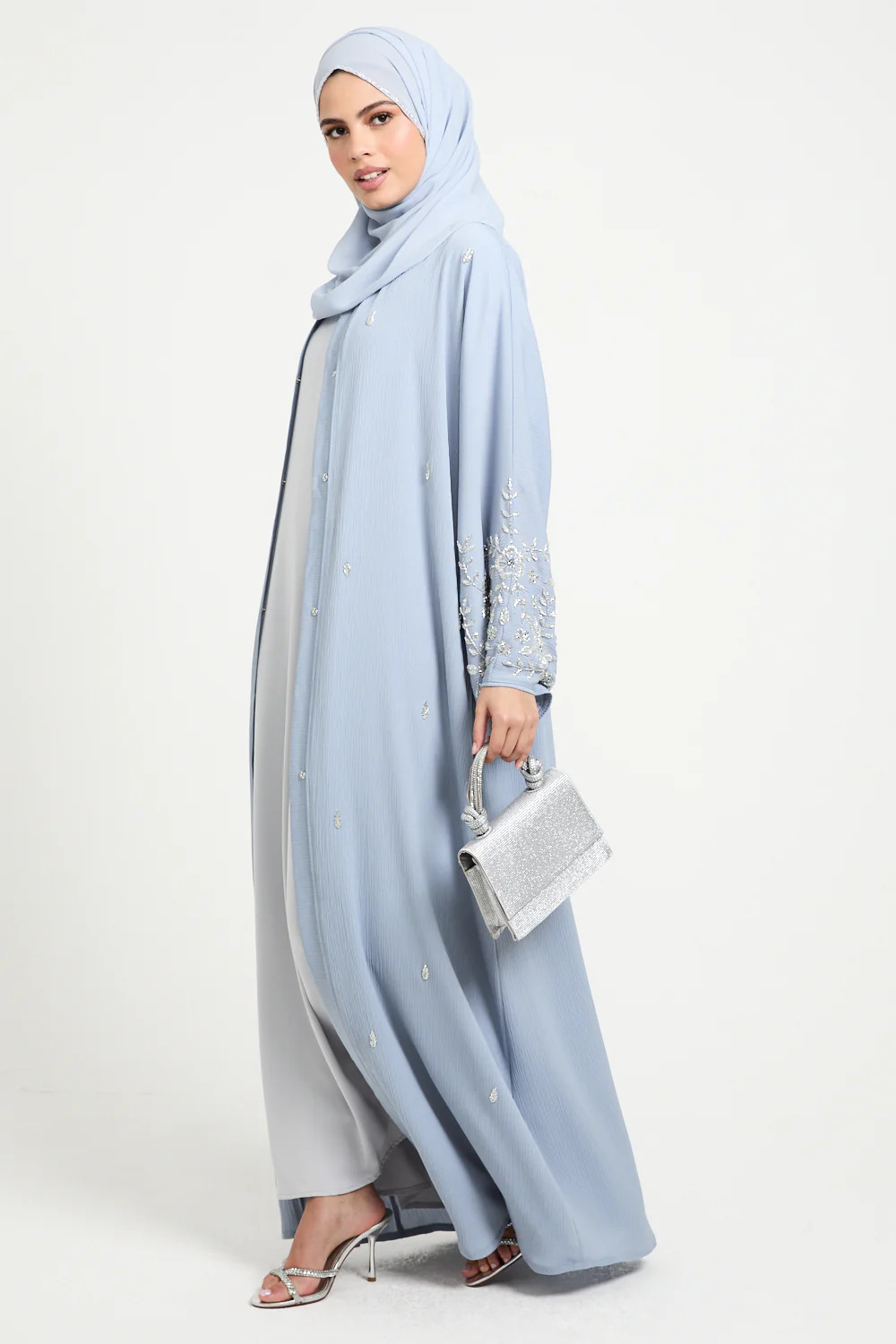 Premium Textured Petal Blossom Embellished Open Abaya - Dusky Powder Blue - Image 8
