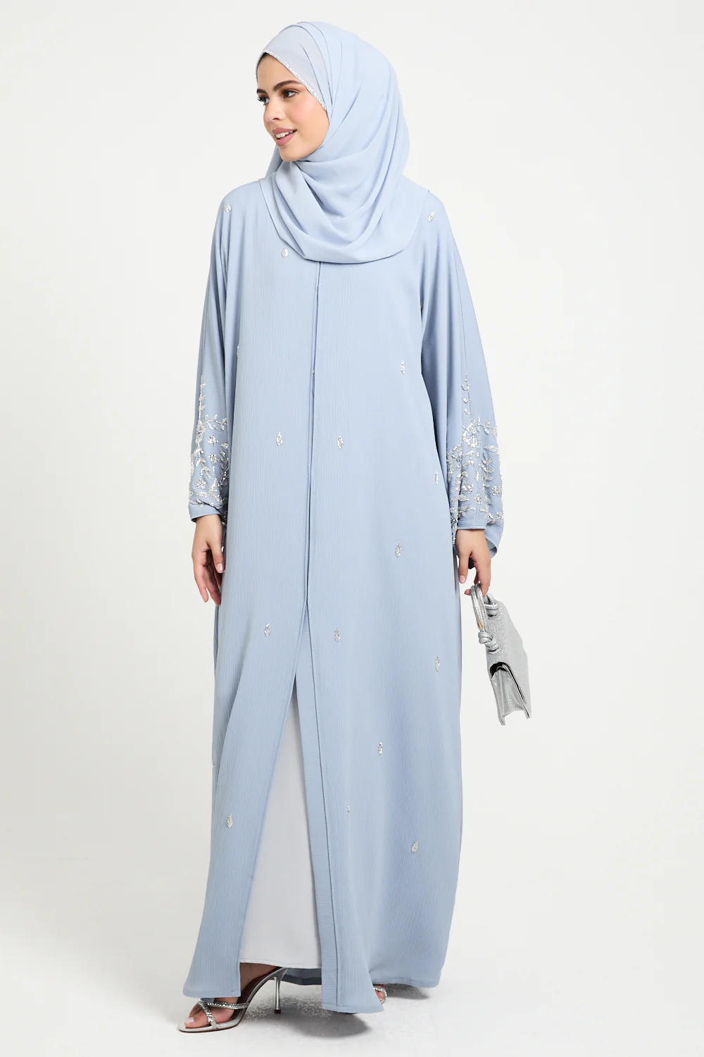 Premium Textured Petal Blossom Embellished Open Abaya - Dusky Powder Blue - Image 9