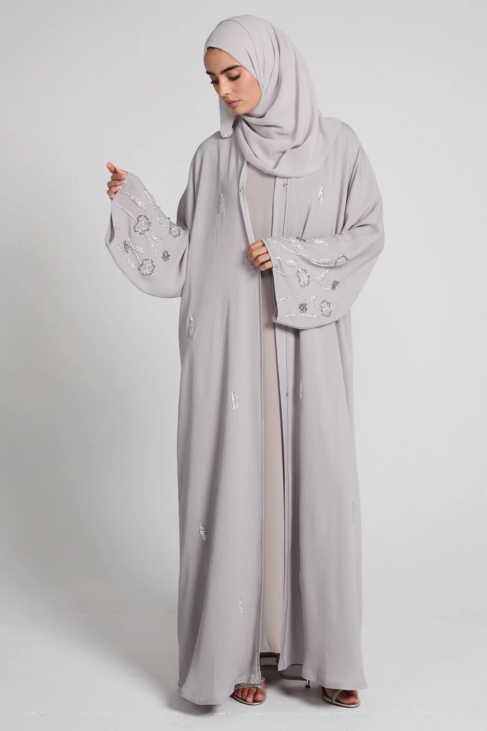 Premium Textured Petal Blossom Embellished Open Abaya - Moonlit Dove