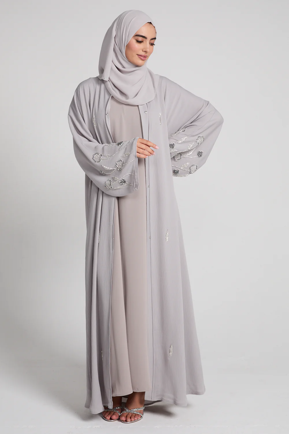 Premium Textured Petal Blossom Embellished Open Abaya - Moonlit Dove - Image 3
