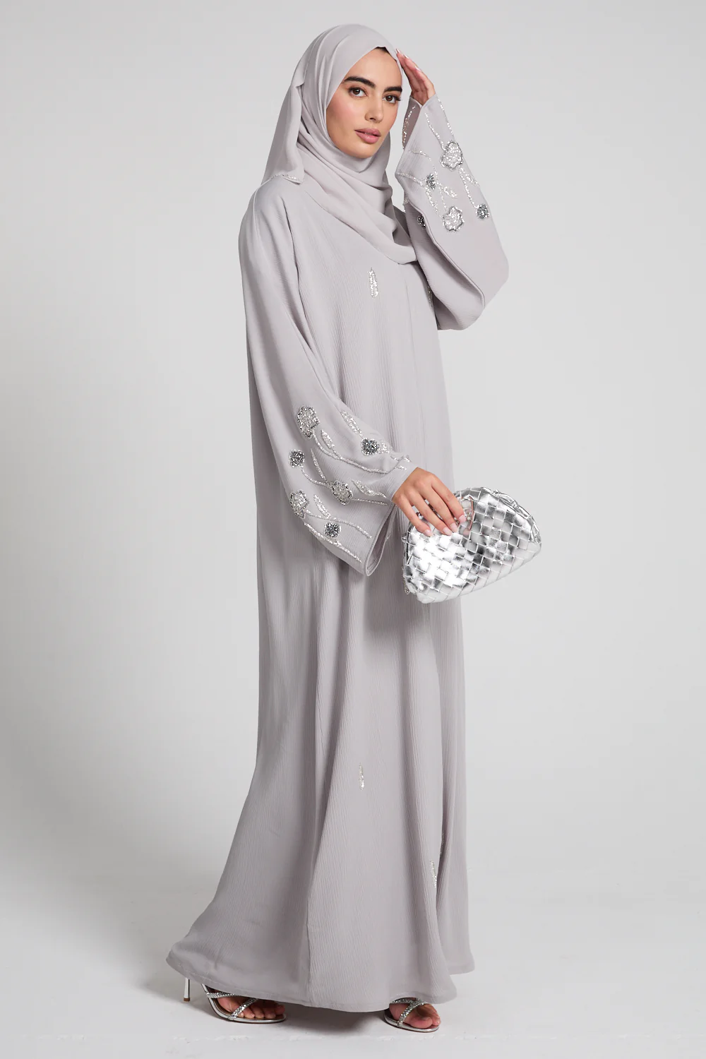 Premium Textured Petal Blossom Embellished Open Abaya - Moonlit Dove - Image 4