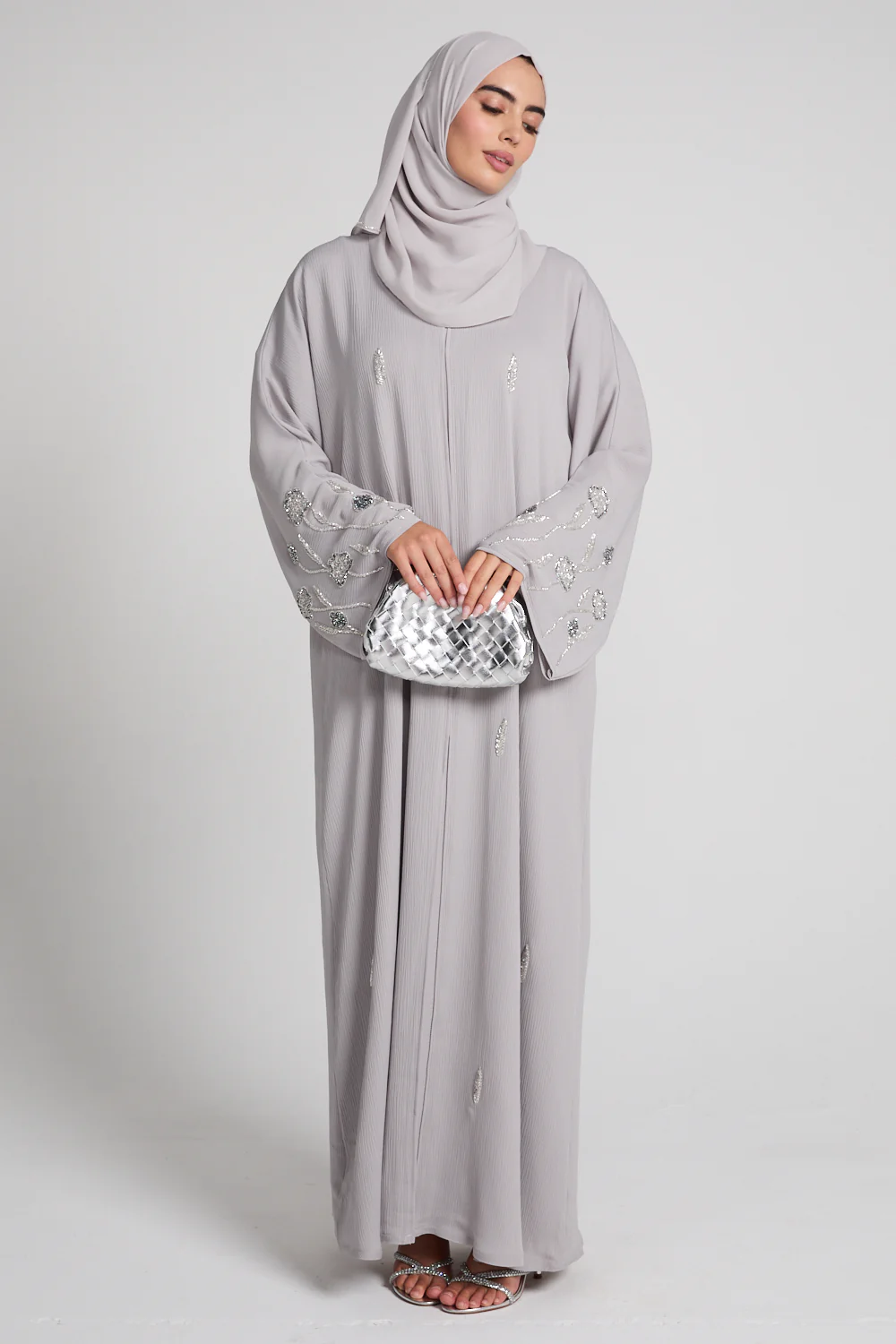 Premium Textured Petal Blossom Embellished Open Abaya - Moonlit Dove - Image 6