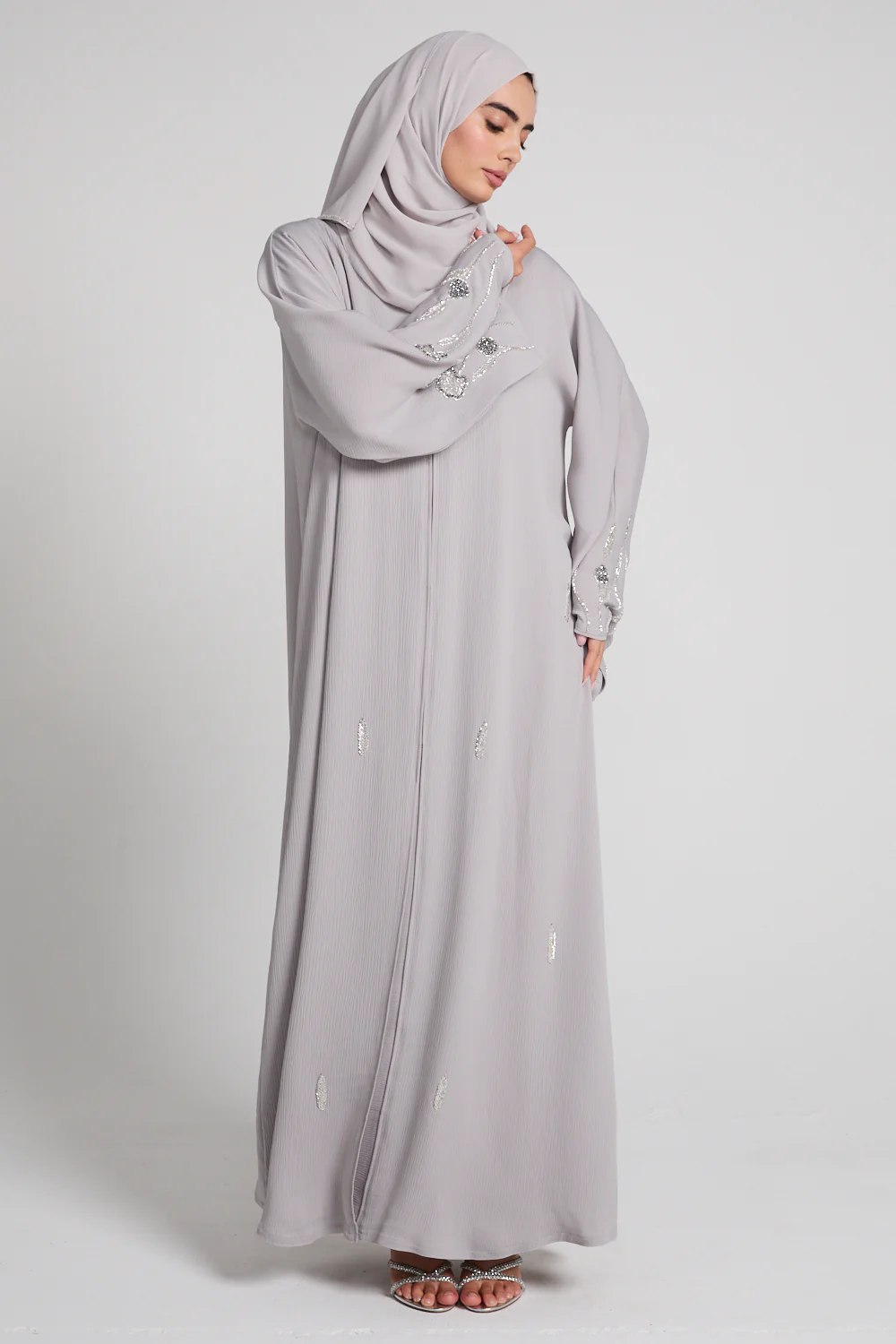 Premium Textured Petal Blossom Embellished Open Abaya - Moonlit Dove - Image 7