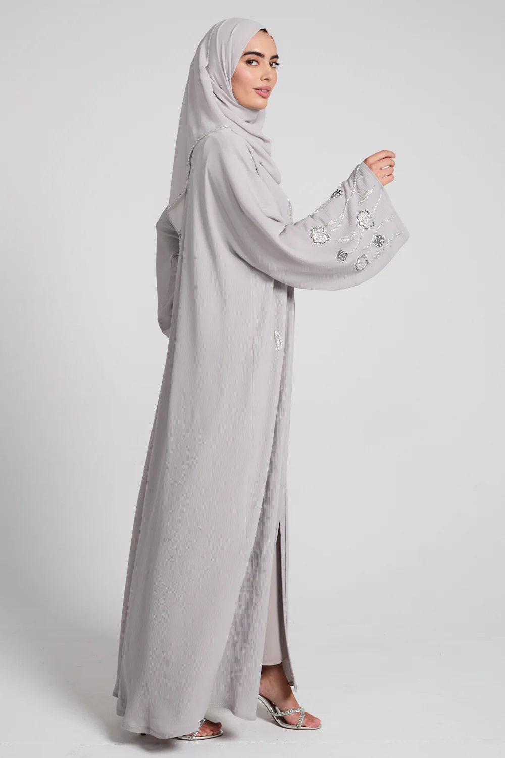 Premium Textured Petal Blossom Embellished Open Abaya - Moonlit Dove - Image 8