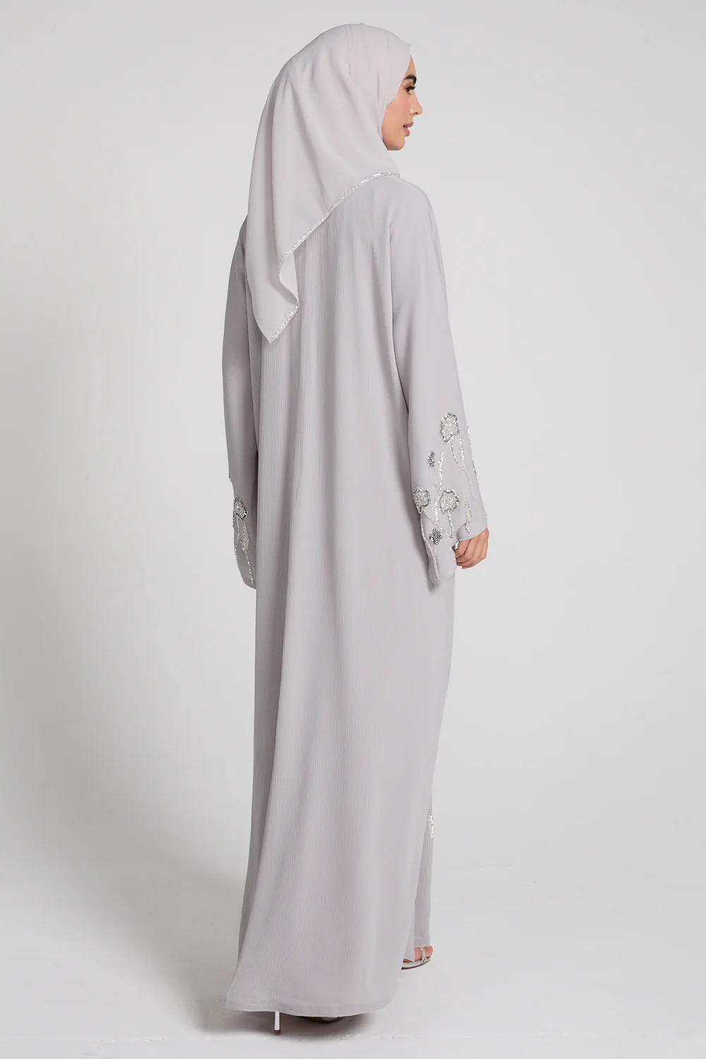 Premium Textured Petal Blossom Embellished Open Abaya - Moonlit Dove - Image 9