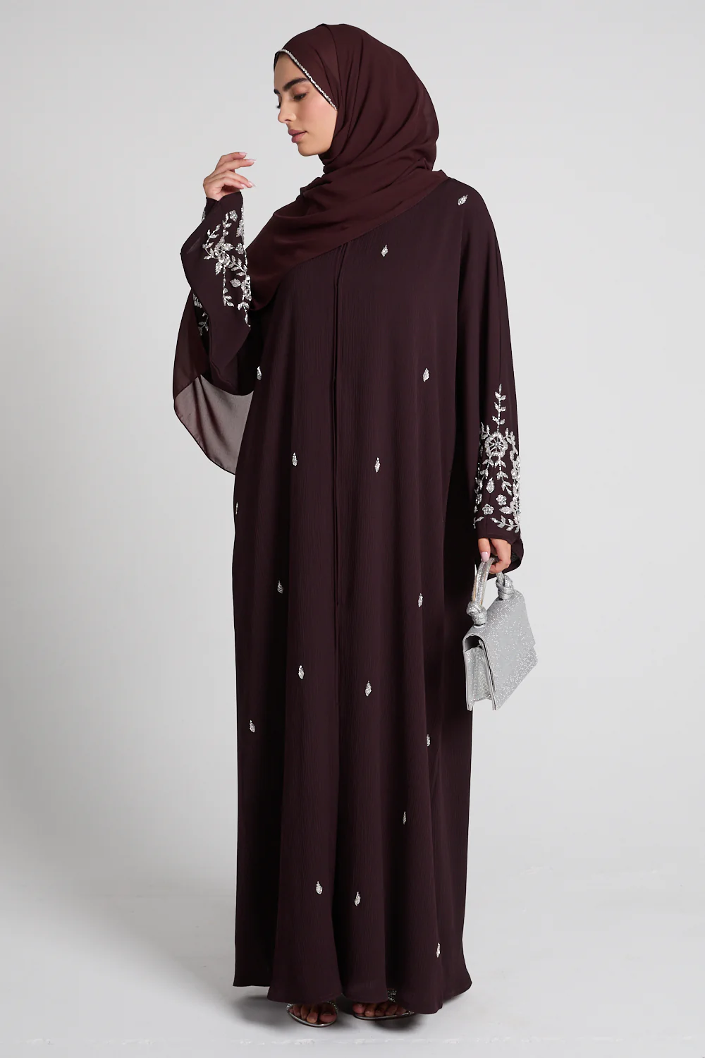 Premium Textured Petal Blossom Embellished Open Abaya - Rich Auburn