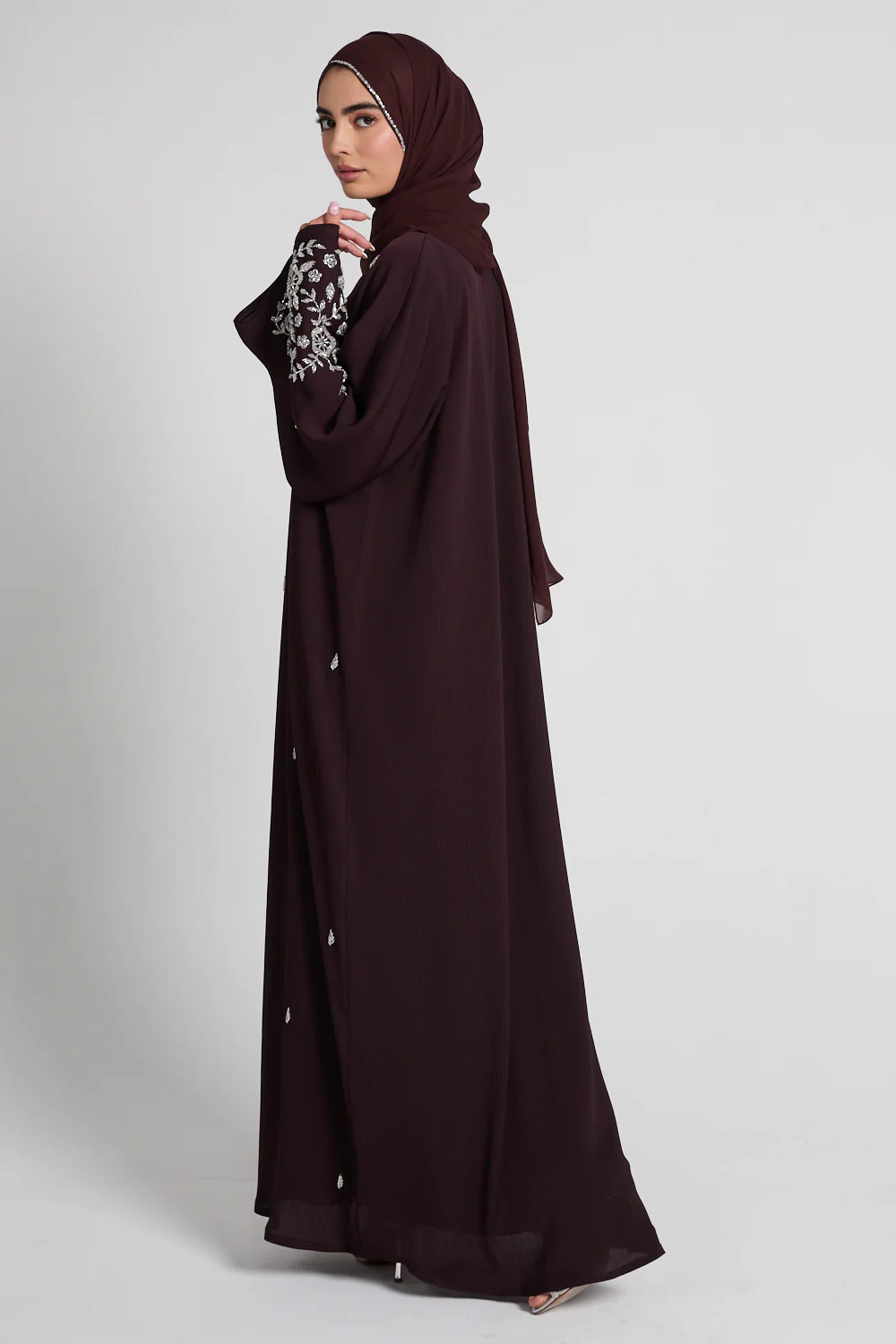 Premium Textured Petal Blossom Embellished Open Abaya - Rich Auburn - Image 10