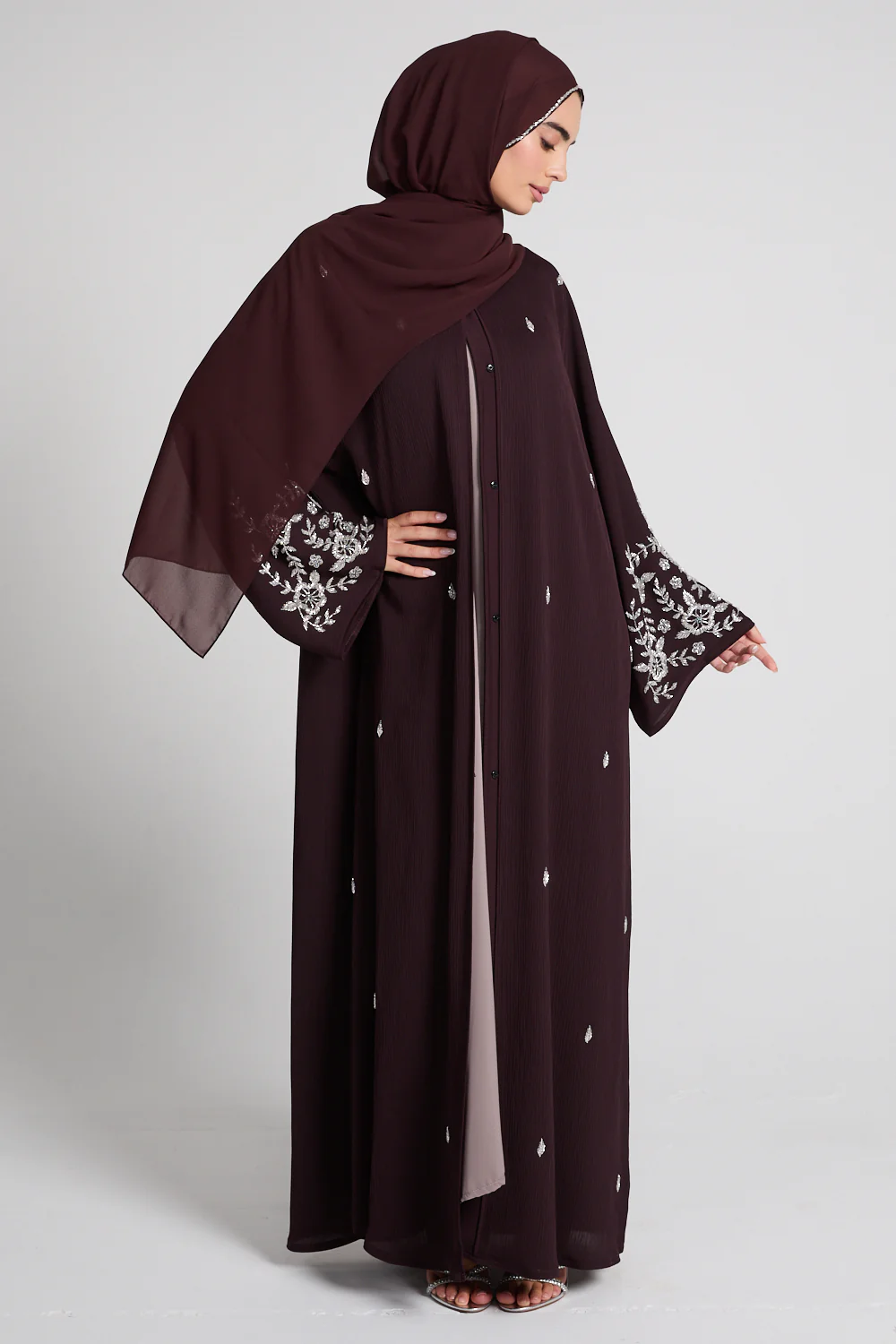 Premium Textured Petal Blossom Embellished Open Abaya - Rich Auburn - Image 4