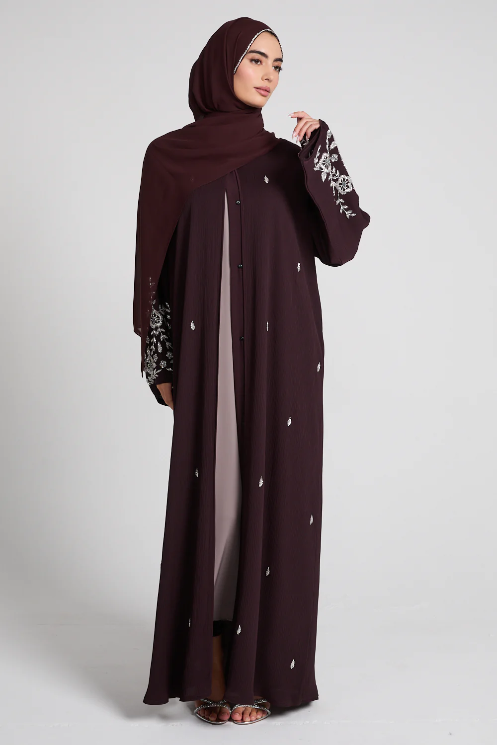 Premium Textured Petal Blossom Embellished Open Abaya - Rich Auburn - Image 5