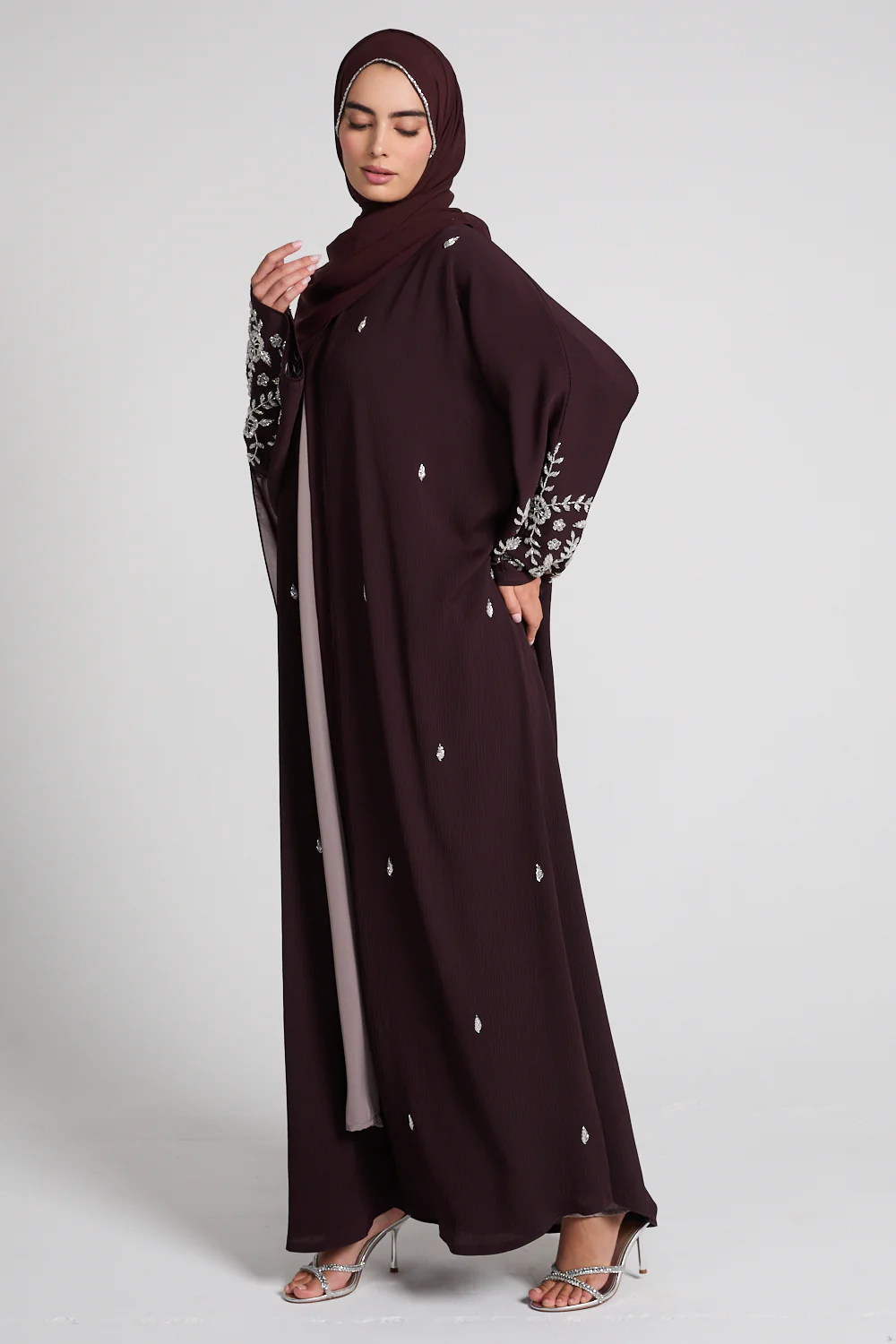 Premium Textured Petal Blossom Embellished Open Abaya - Rich Auburn - Image 6