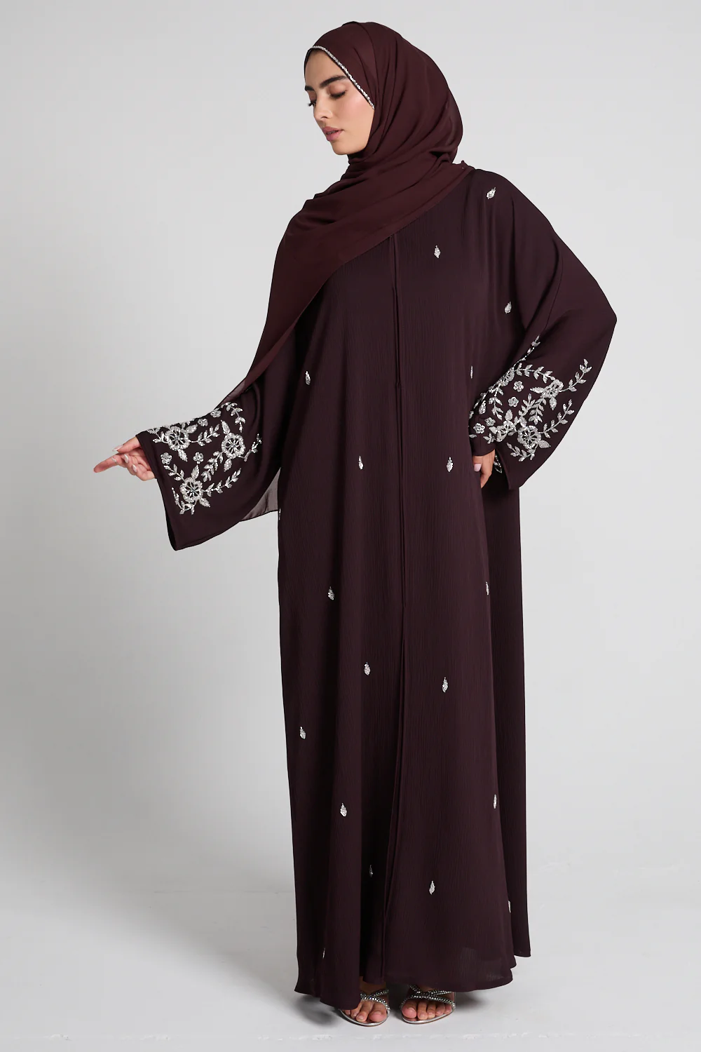 Premium Textured Petal Blossom Embellished Open Abaya - Rich Auburn - Image 7