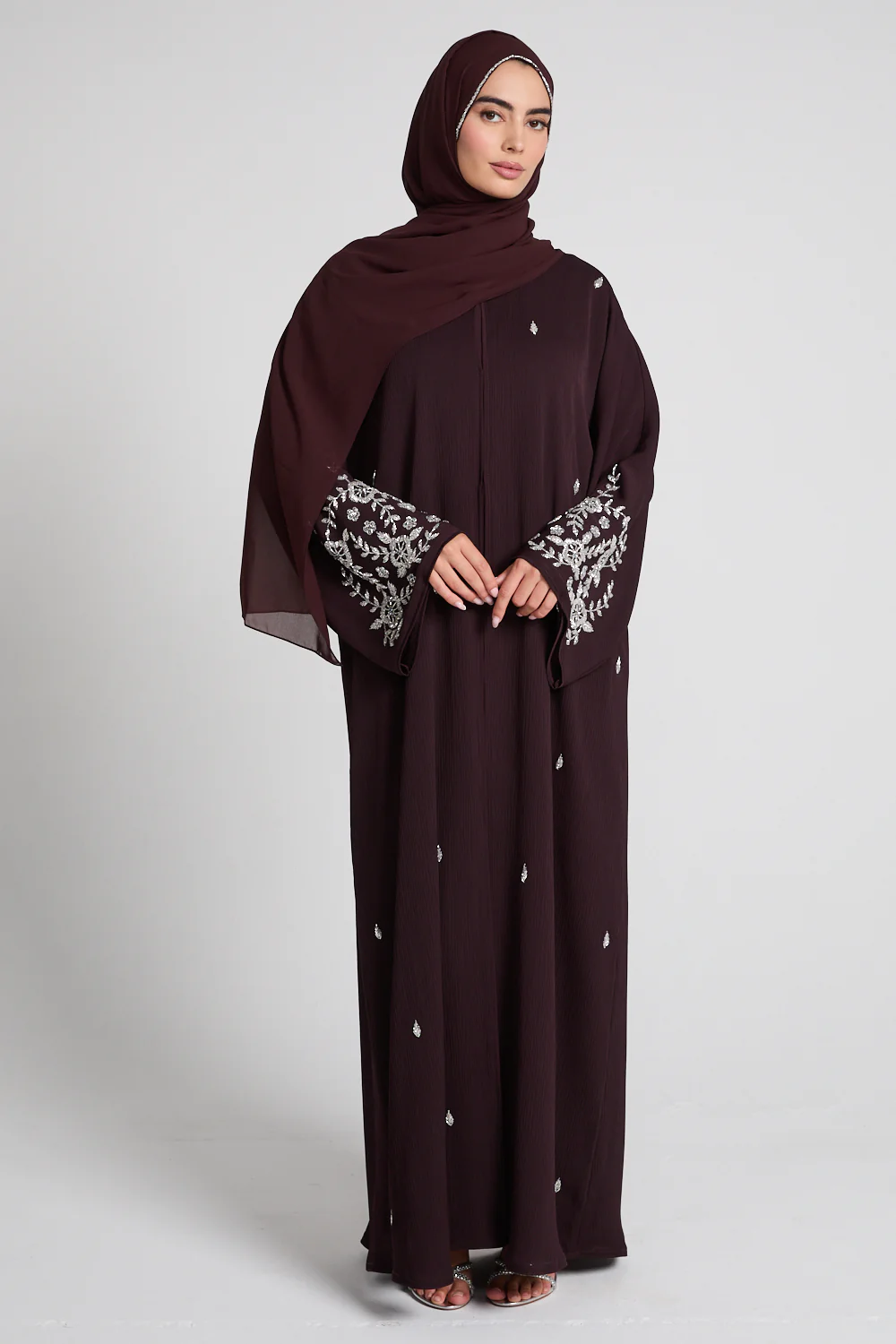 Premium Textured Petal Blossom Embellished Open Abaya - Rich Auburn - Image 8