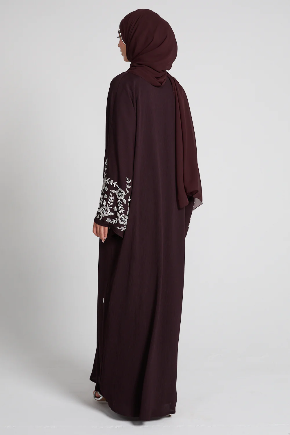 Premium Textured Petal Blossom Embellished Open Abaya - Rich Auburn - Image 9