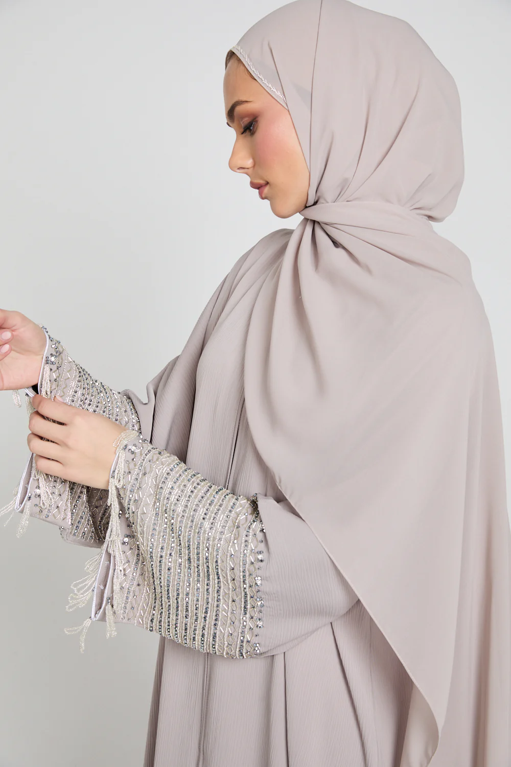Luxury Textured Regal Tassel Embellished Cuff Open Abaya - French Oak - Image 2