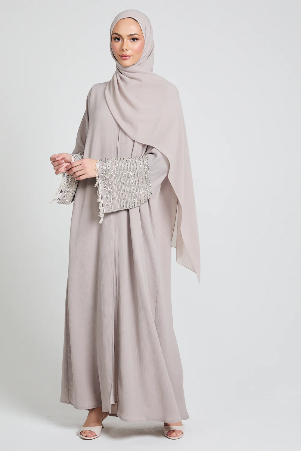 Luxury Textured Regal Tassel Embellished Cuff Open Abaya - French Oak - Image 5