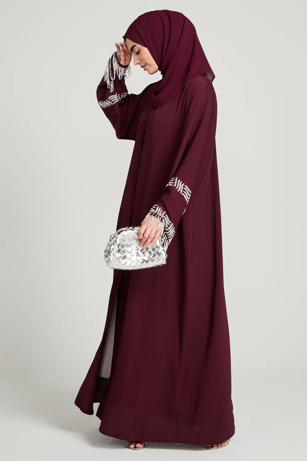 Premium Textured Regal Tassel Embellished Cuff Open Abaya - Rouge Noir - Image 5