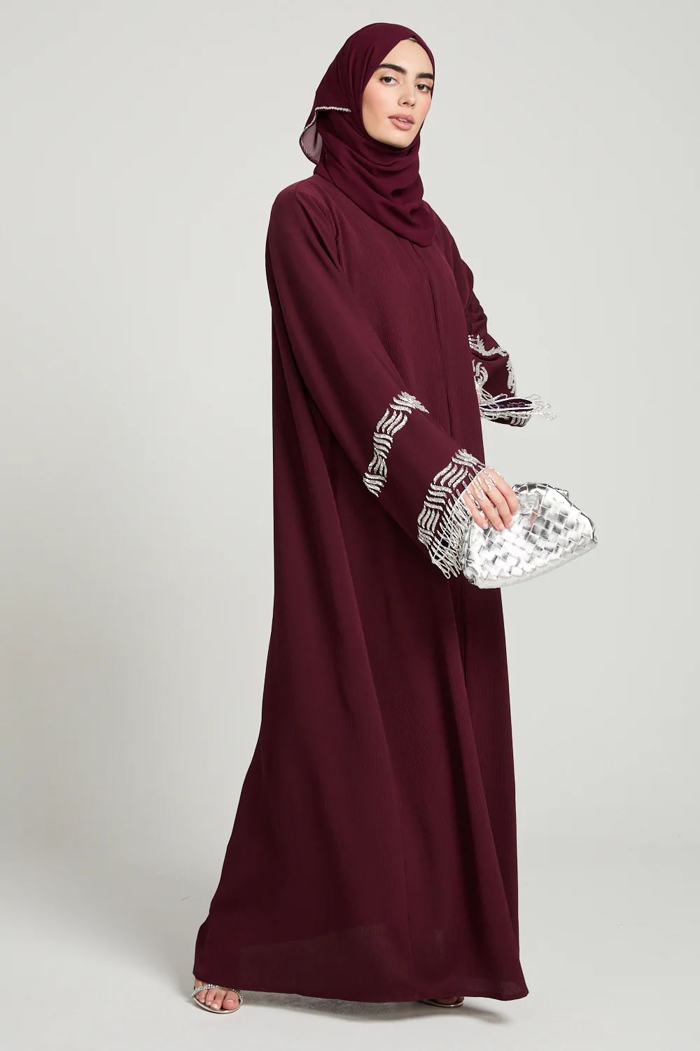 Premium Textured Regal Tassel Embellished Cuff Open Abaya - Rouge Noir - Image 6
